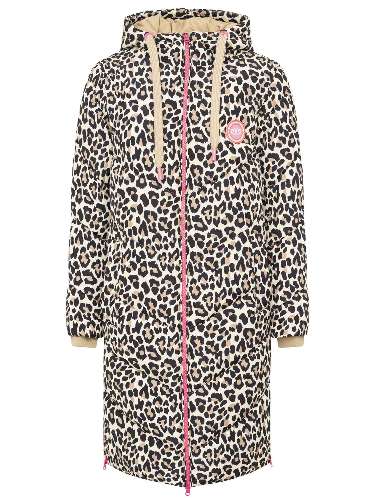Zwillingsherz Steppmantel Allover Leopard in Beige-Schwarz – Vorderansicht