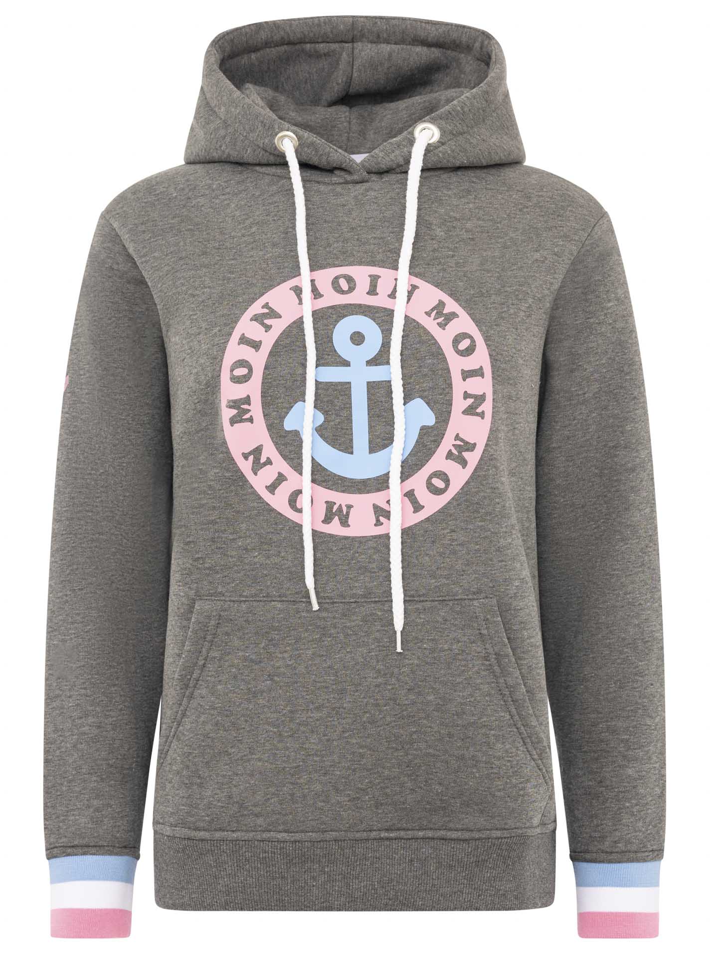 Zwillingsherz Hoodie Damen – Moin Anker Bailey Kapuzenpullover Grau Pink, maritimer Style, Vorderansicht