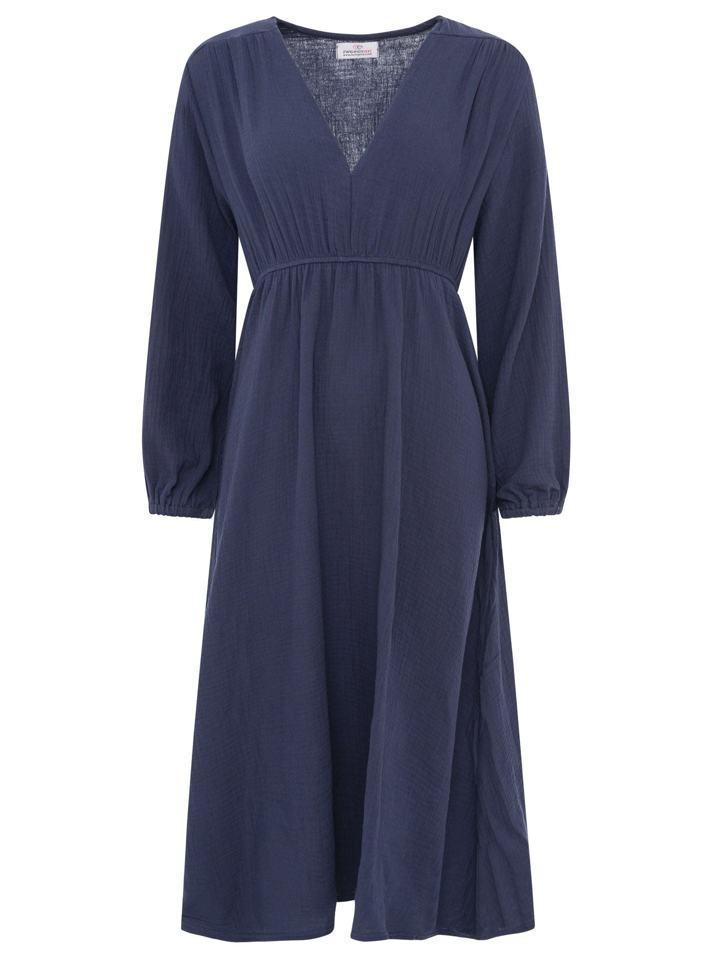 Zwillingsherz Musselin Kleid in Dunkelblau mit V-Ausschnitt – langes, fließendes Kleid aus leichtem Musselin-Stoff für einen eleganten Look