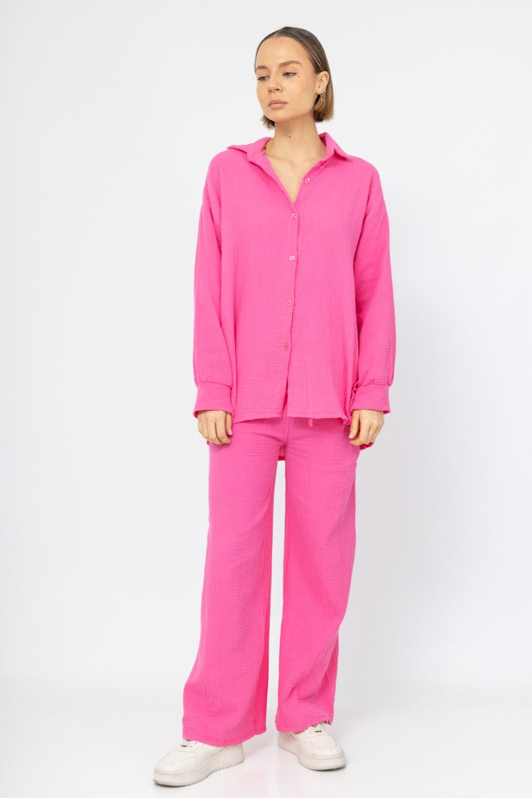 Musselin Zweiteiler (Bluse mit Hose) - Pink