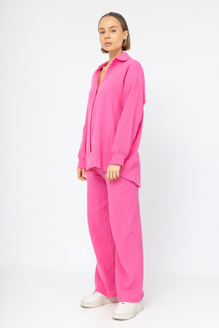 Musselin Zweiteiler (Bluse mit Hose) - Pink