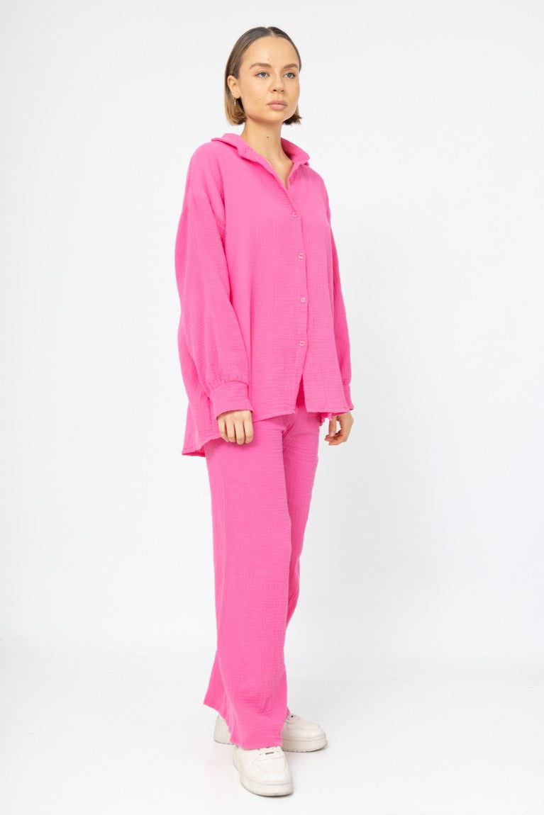 Musselin Zweiteiler (Bluse mit Hose) - Pink