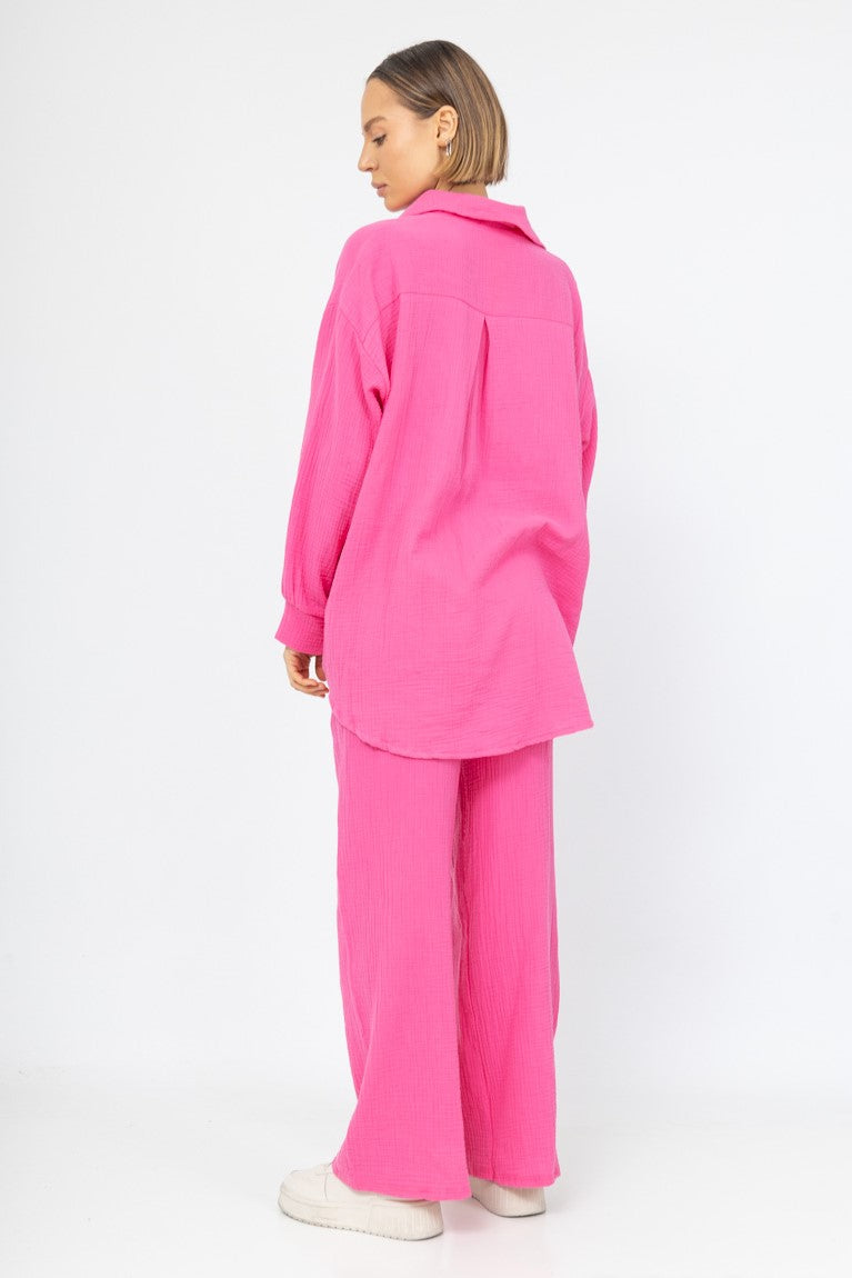 Musselin Zweiteiler (Bluse mit Hose) - Pink
