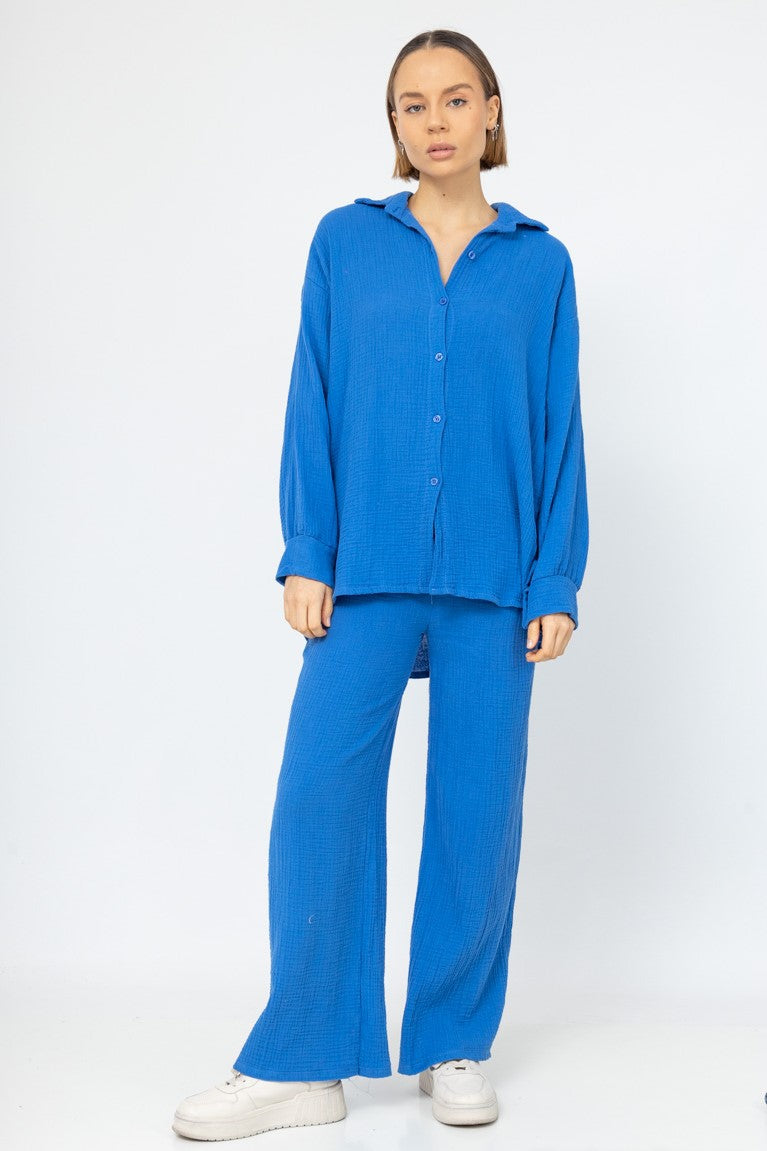 JIAALU Damen Zweiteiler Set Sommer | Musselin Bluse & Shorts | Oversize Lounge Wear