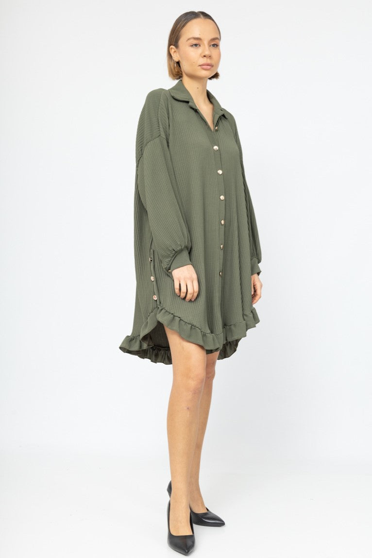 Tunika im Hemd Look mit Knopfleiste - Khaki