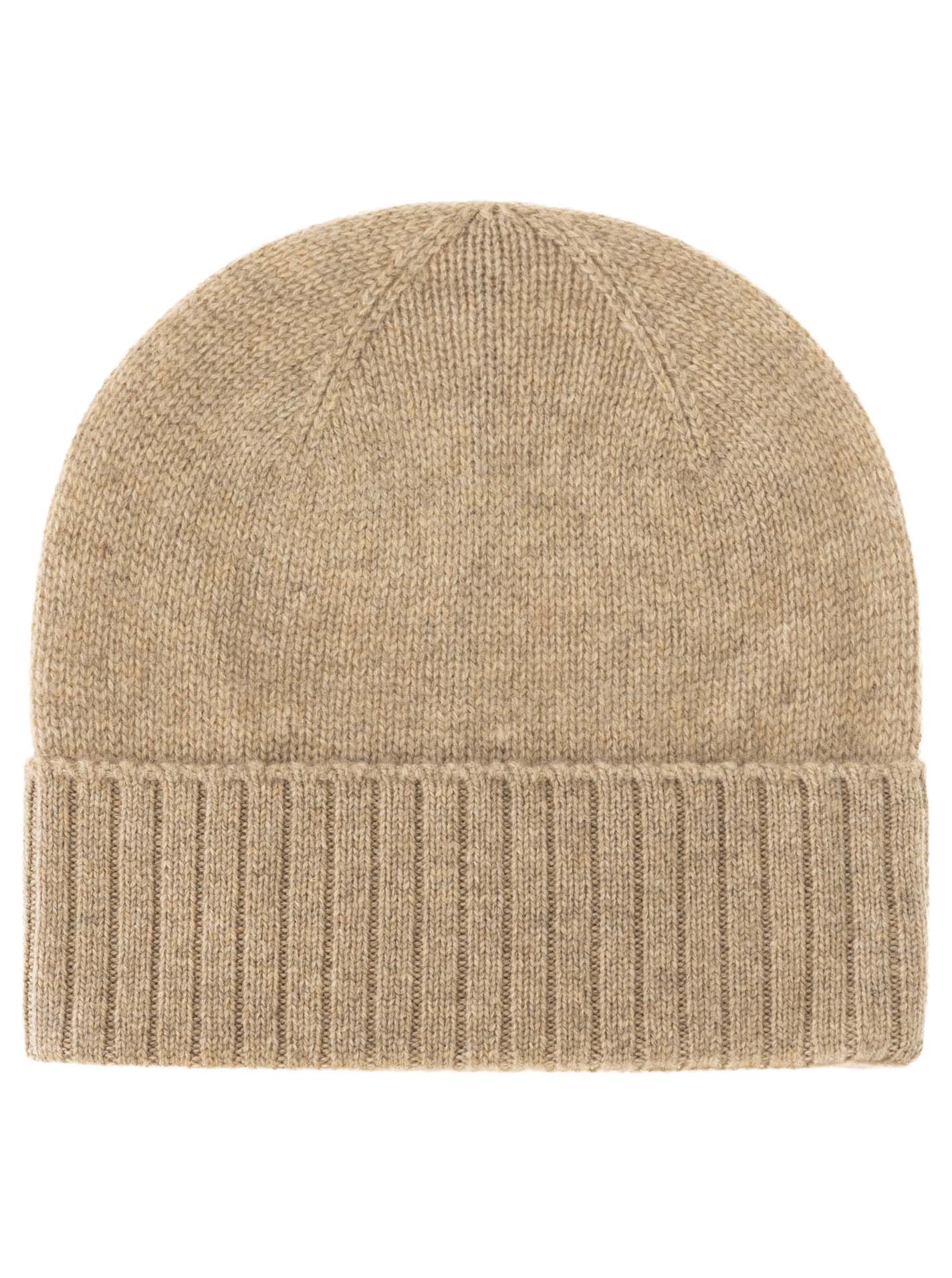 Zwillingsherz 100% Kaschmir-Mütze in Mittelbeige mit geripptem Umschlag – weich und wärmend