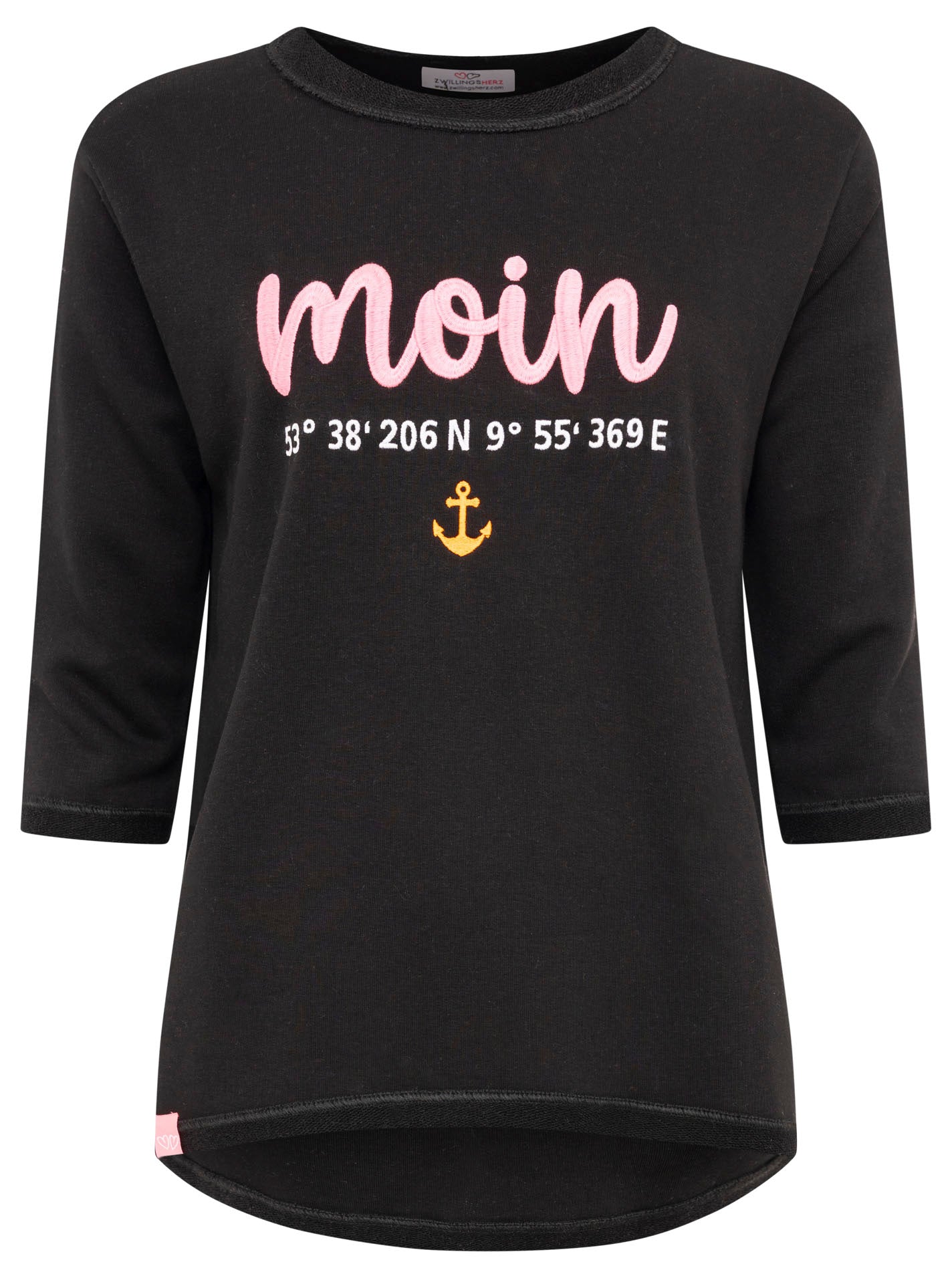 Zwillingsherz Sweatshirt 3/4-Arm Moin Anker in Schwarz – Vorderansicht