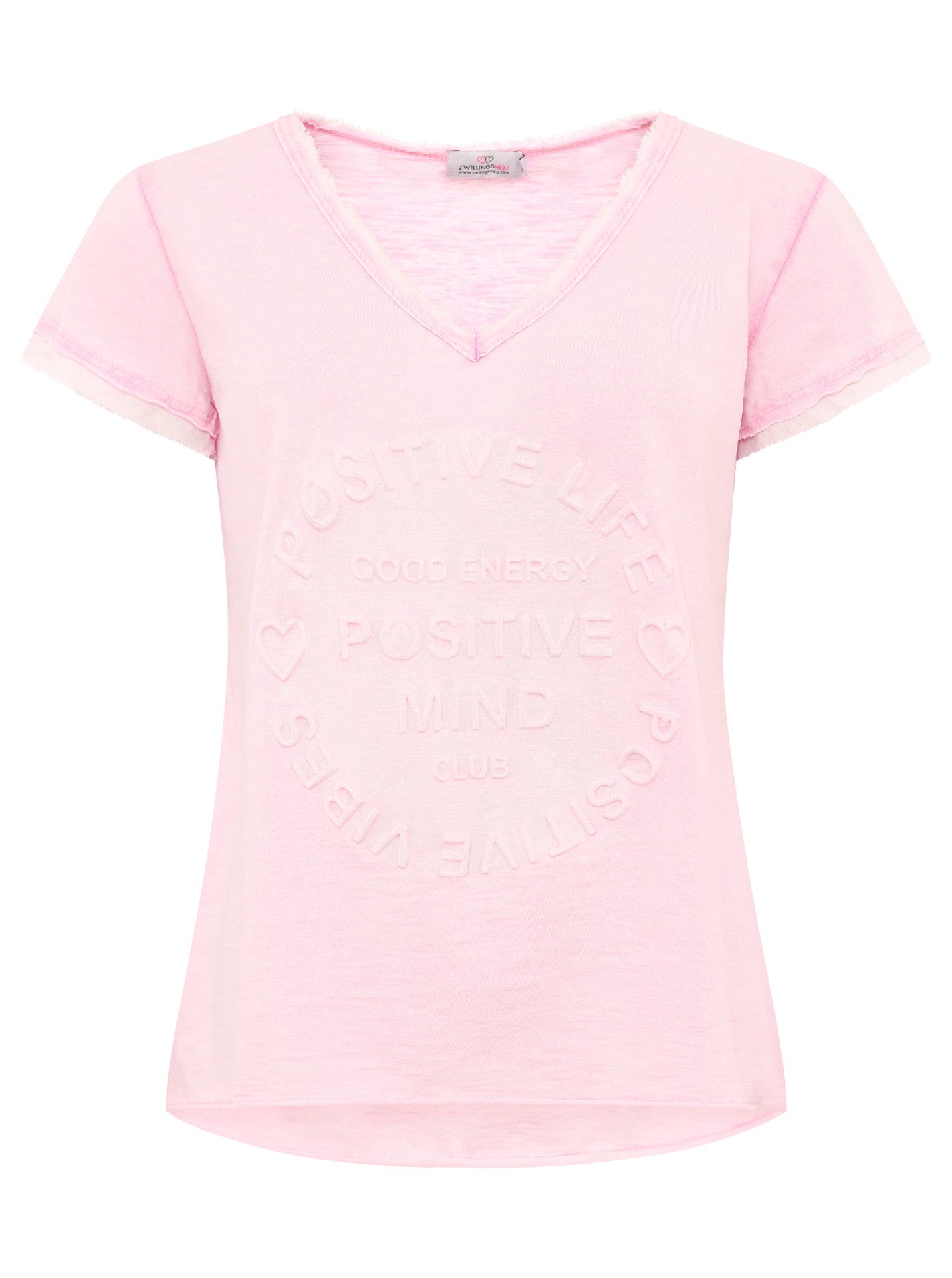 Zwillingsherz Damen T-Shirt mit beigem Schriftzug ‚Positive Mind‘, Rosa, Vorderansicht
