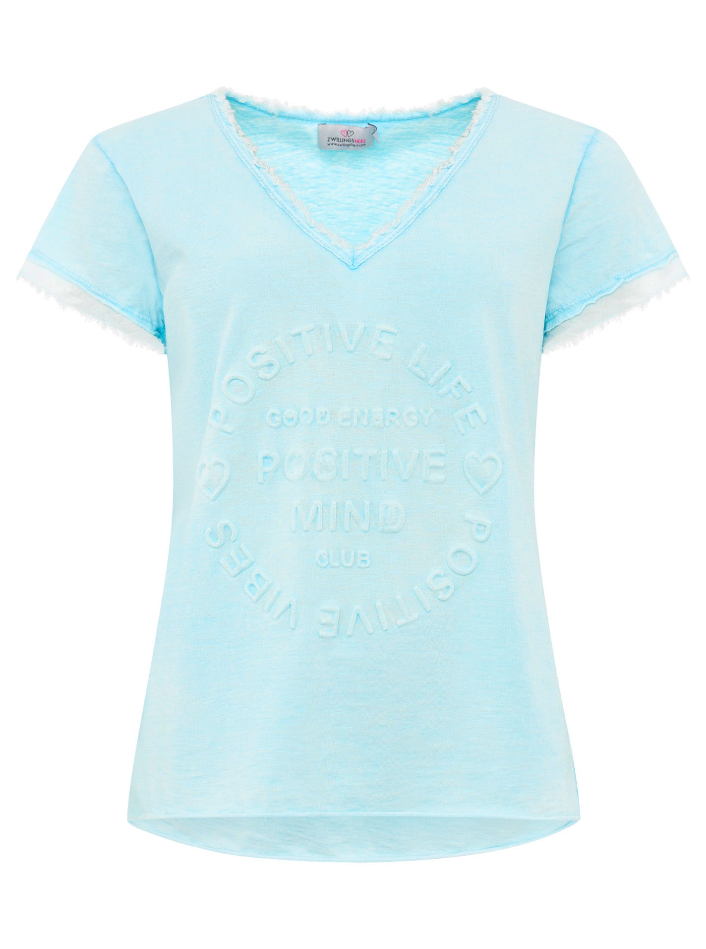 Zwillingsherz Damen T-Shirt mit beigem Schriftzug ‚Positive Mind‘, Türkis, Vorderansicht