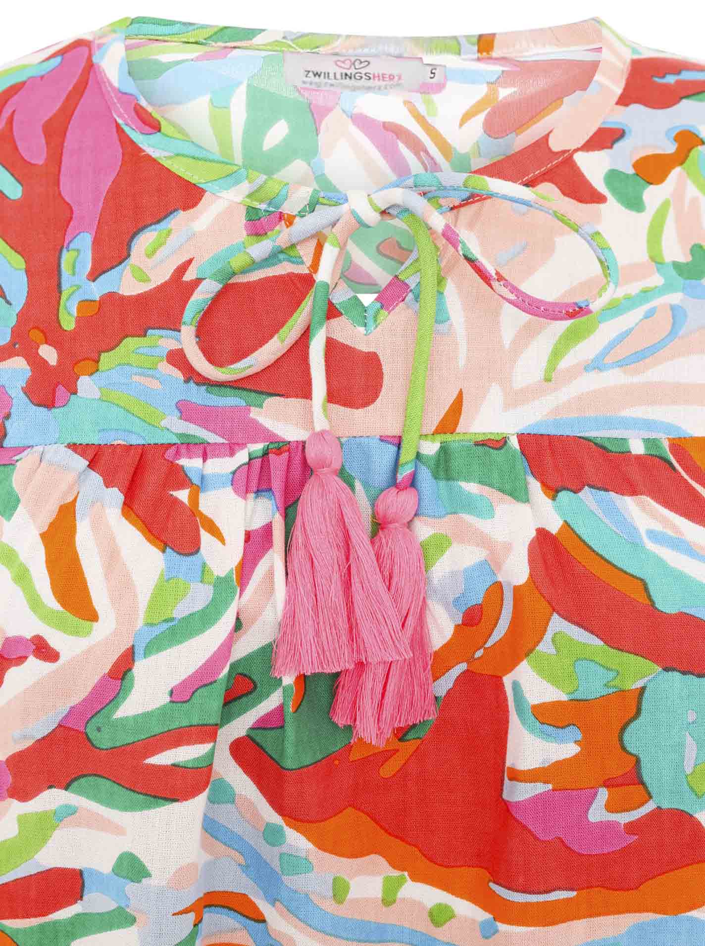 Zwillingsherz Bluse Bunter Dschungel in Orange, Pink und Grün mit farbenfrohem Muster Vorderansicht