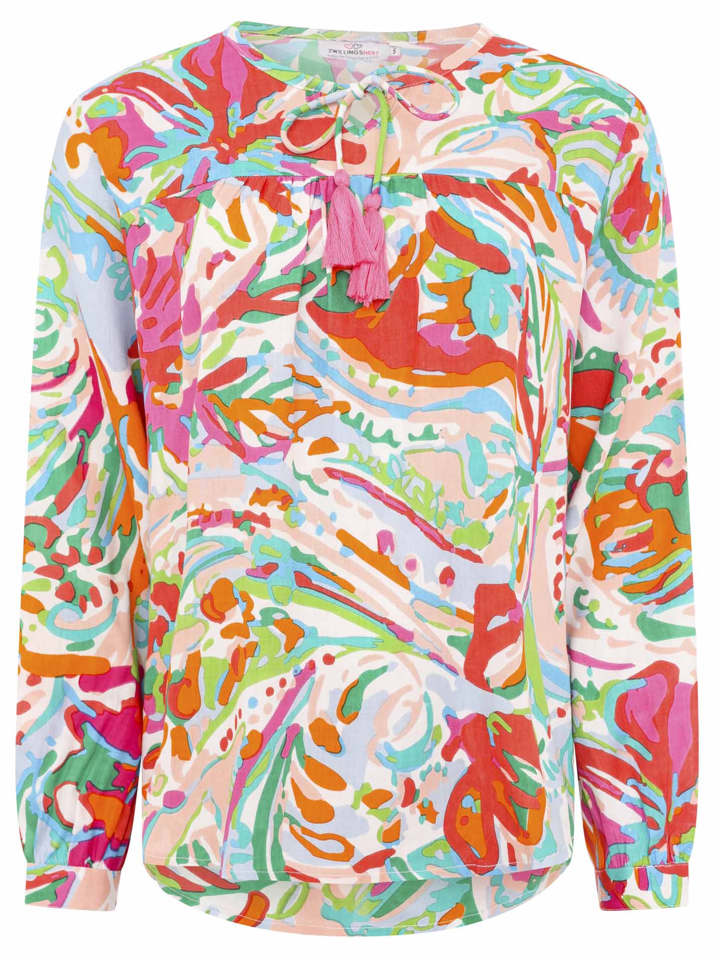 Zwillingsherz Bluse Bunter Dschungel in Orange, Grün und Pink mit farbenfrohem Muster Vorderansicht