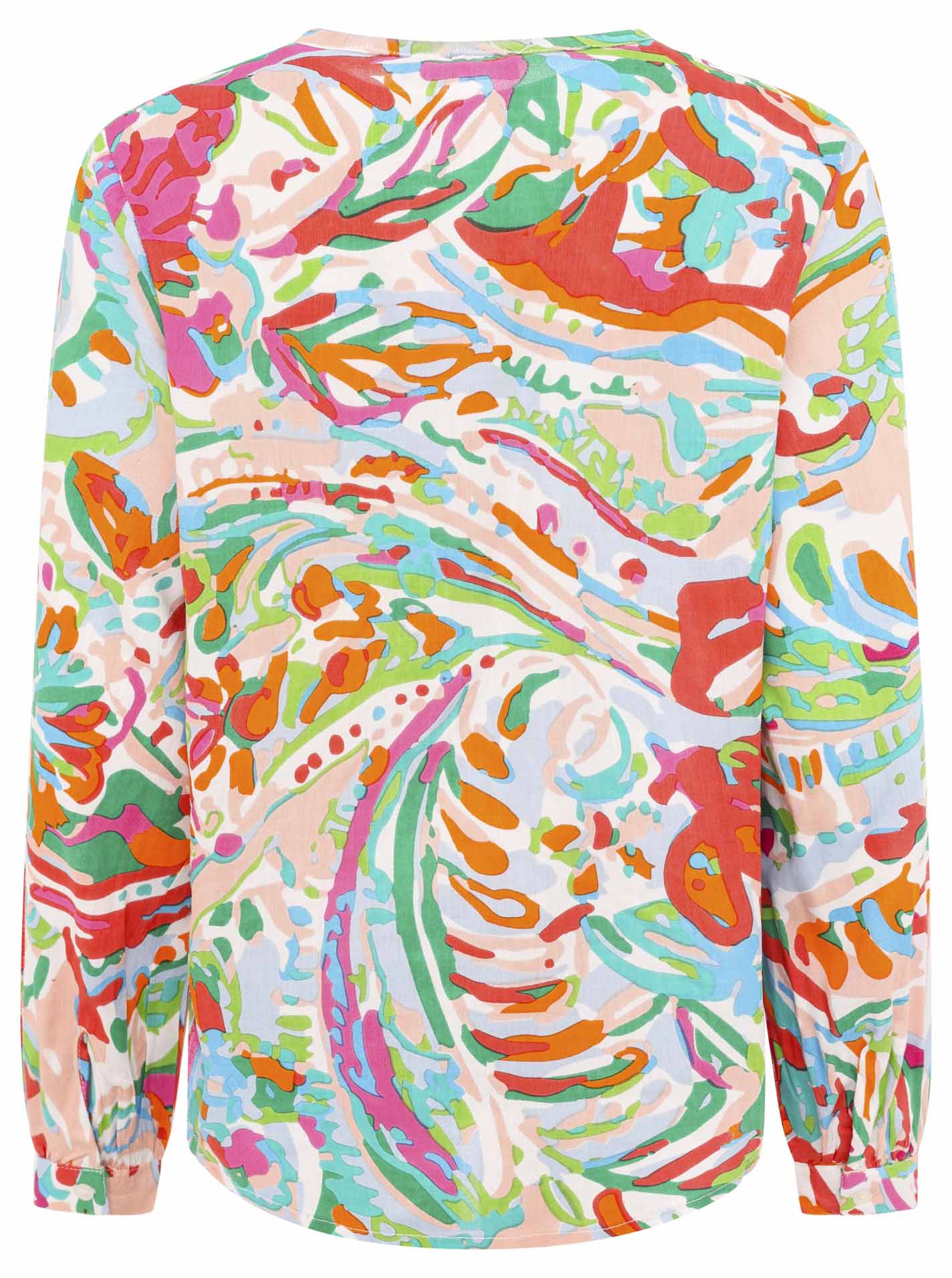 Zwillingsherz Bluse Bunter Dschungel in Orange, Pink und Grün mit farbenfrohem Muster Vorderansicht