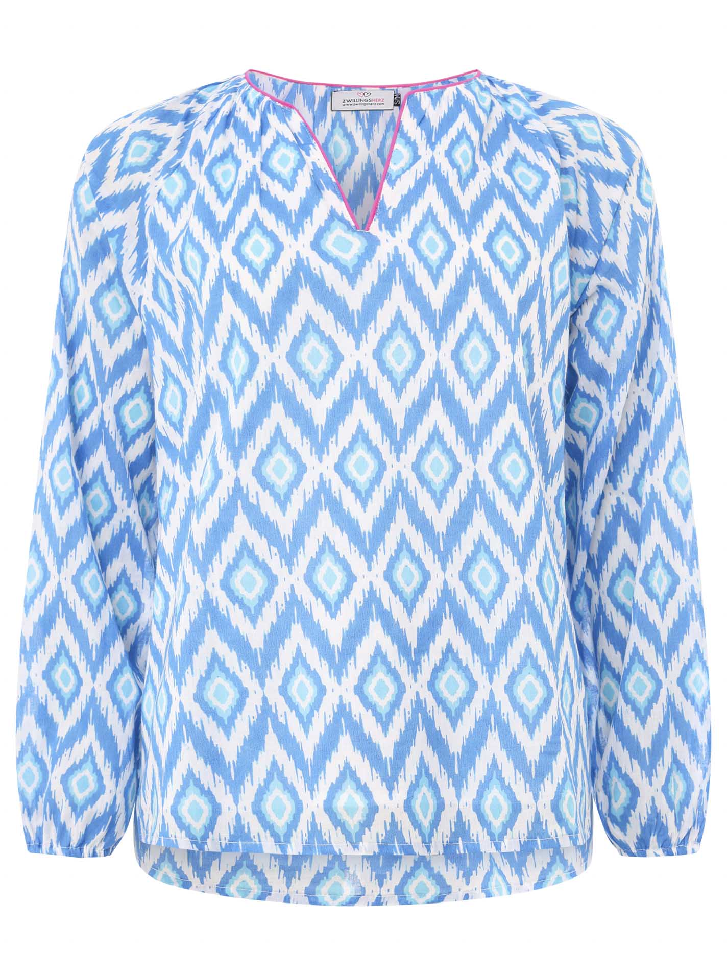 Zwillingsherz Bluse mit Diamant-Muster in Blau und Pink