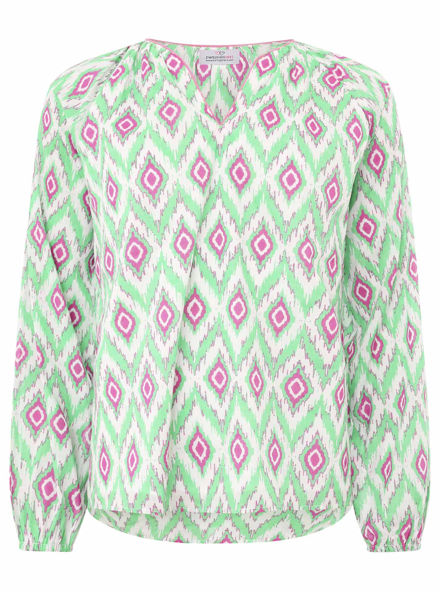 Zwillingsherz Bluse mit Diamant-Muster in Grün und Pink