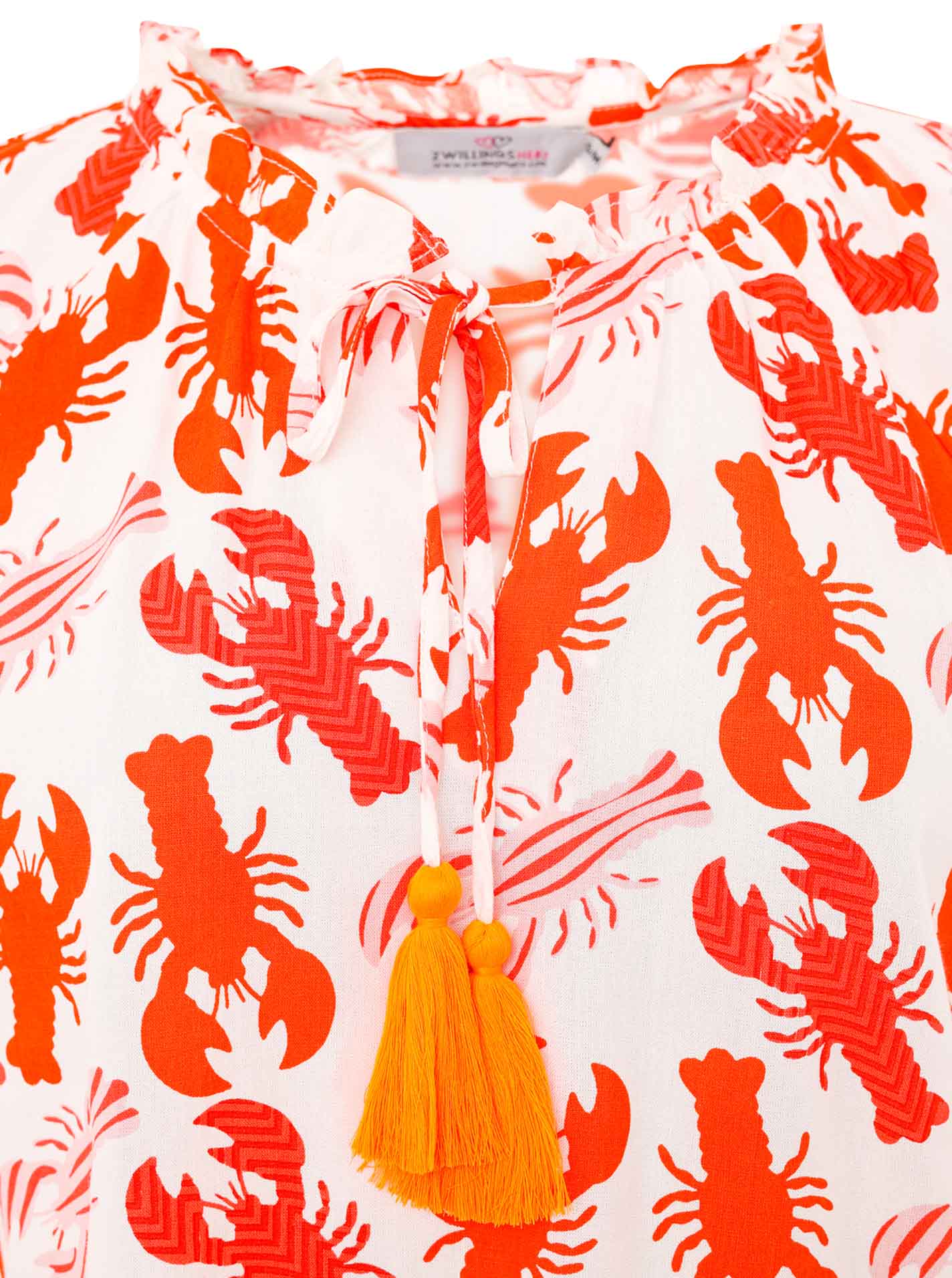 Zwillingsherz Bluse mit großem Hummer-Muster – Detailansicht in Rot-Weiß