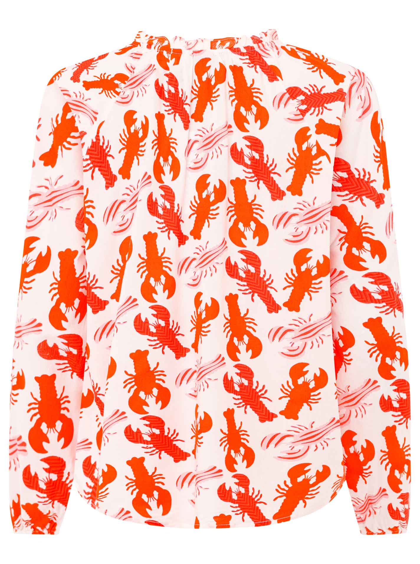 Zwillingsherz Bluse mit großem Hummer-Muster in Rot-Weiß, Rückansicht