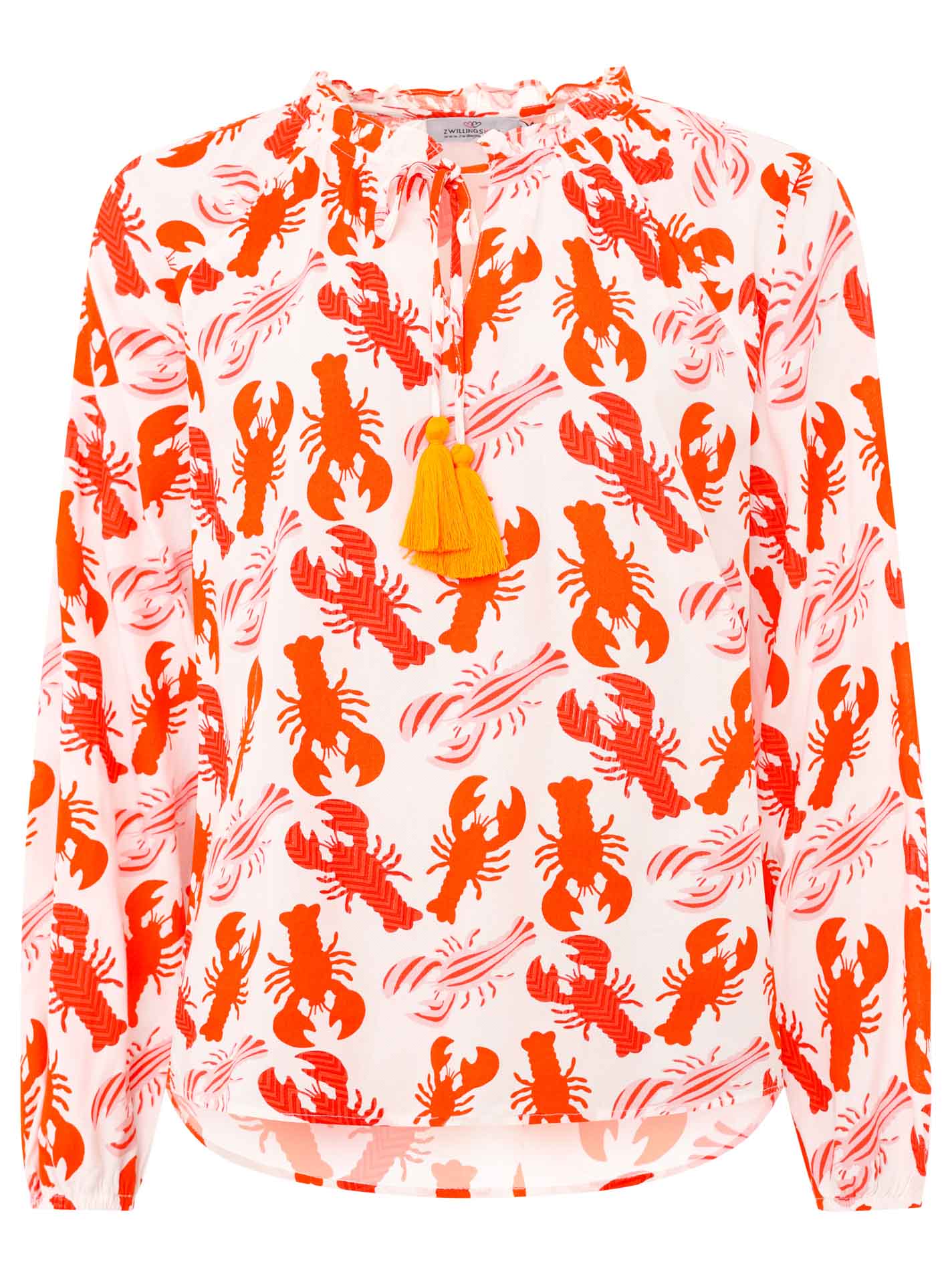 Zwillingsherz Bluse mit großem Hummer-Muster in Rot-Weiß, Vorderansicht