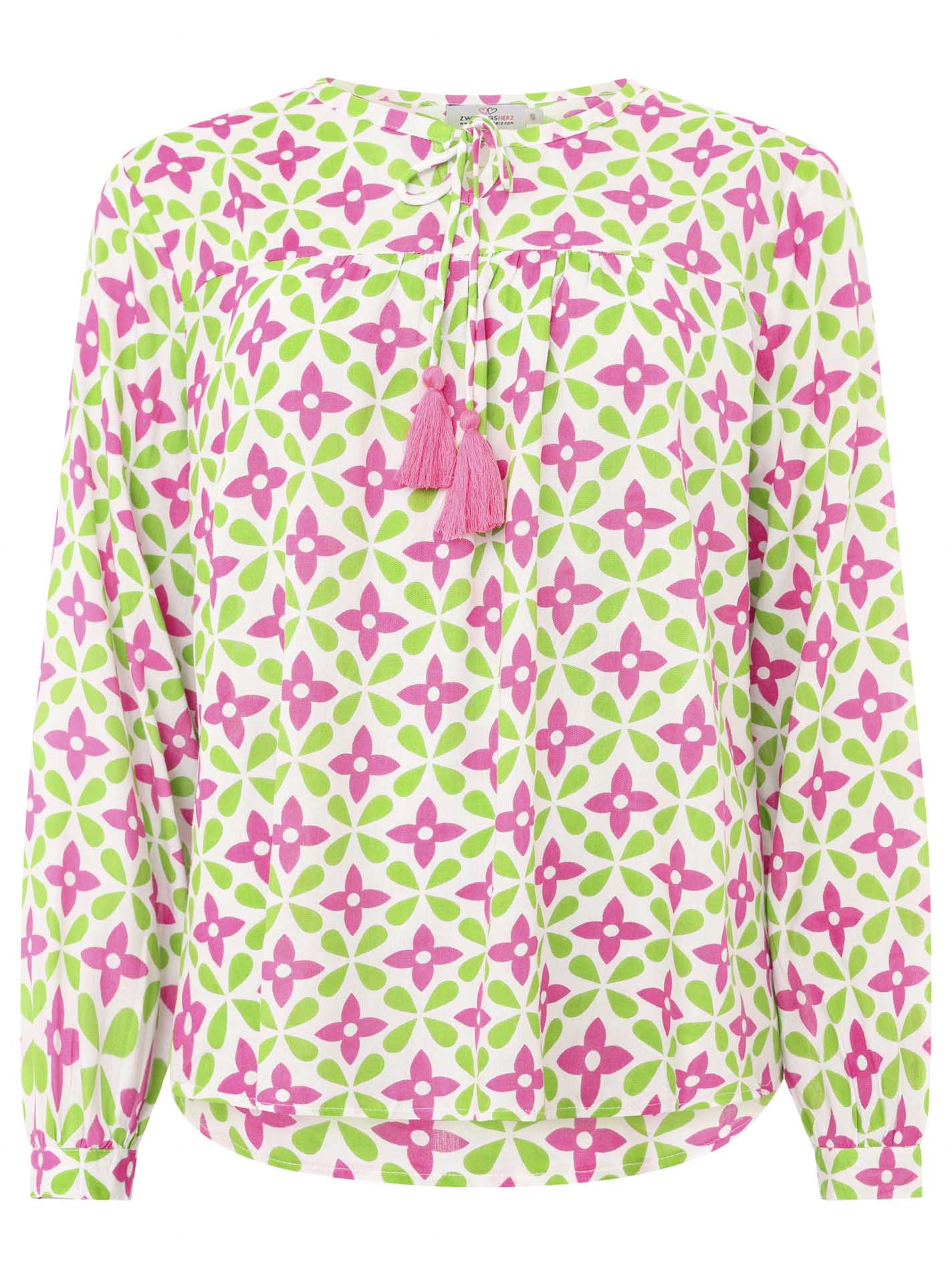 Zwillingsherz Langarmbluse Flower Holiday Mood in Grün Pink mit floralem Muster