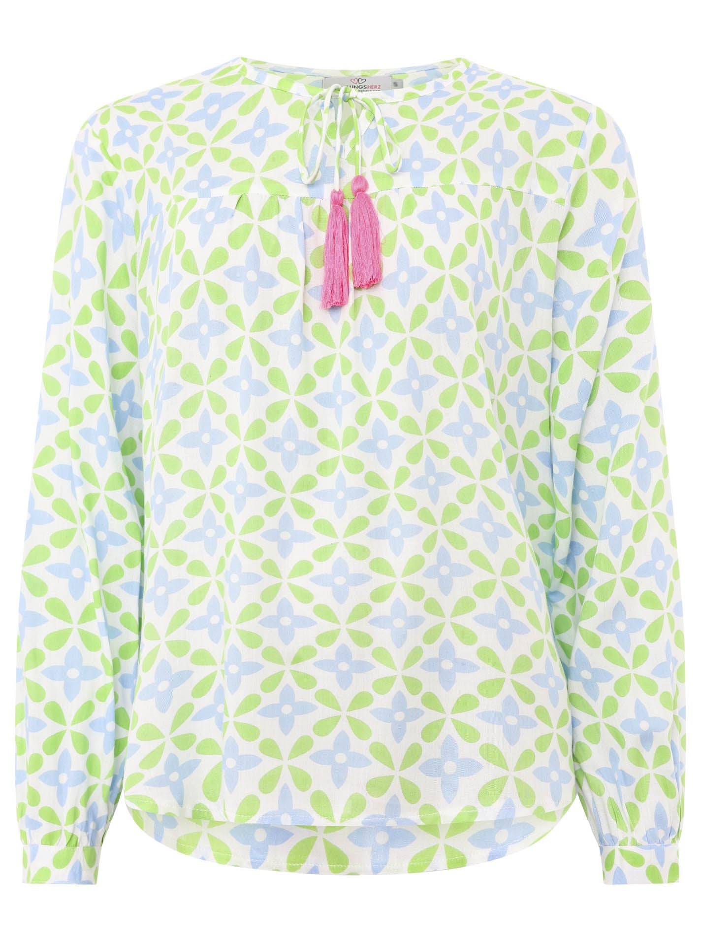 Zwillingsherz Langarmbluse Flower Holiday Mood in Blau und Grün mit floralem Muster