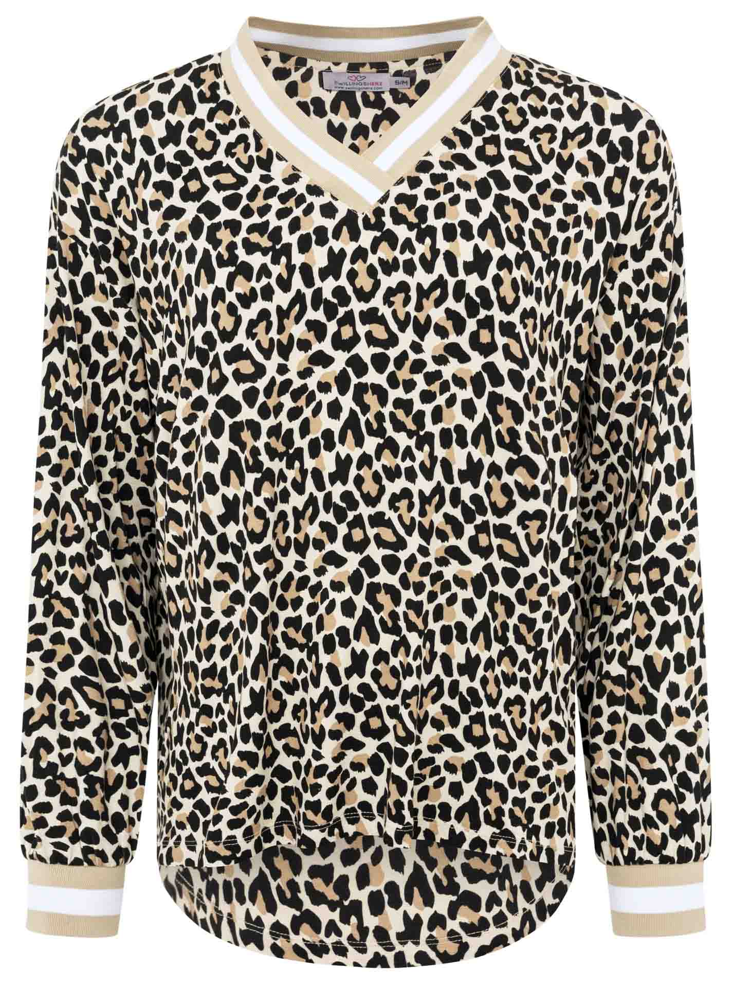 Zwillingsherz Blusenshirt mit V-Ausschnitt in Leo-Print Beige-Weiß – Vorderansicht, fließender Stoff, femininer Look