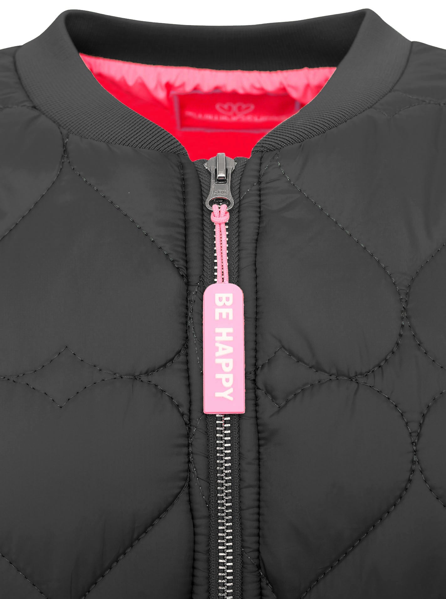 Detailansicht der Zwillingsherz Bomberjacke Be Happy in Schwarz – hochwertige Verarbeitung und stilvolle Details