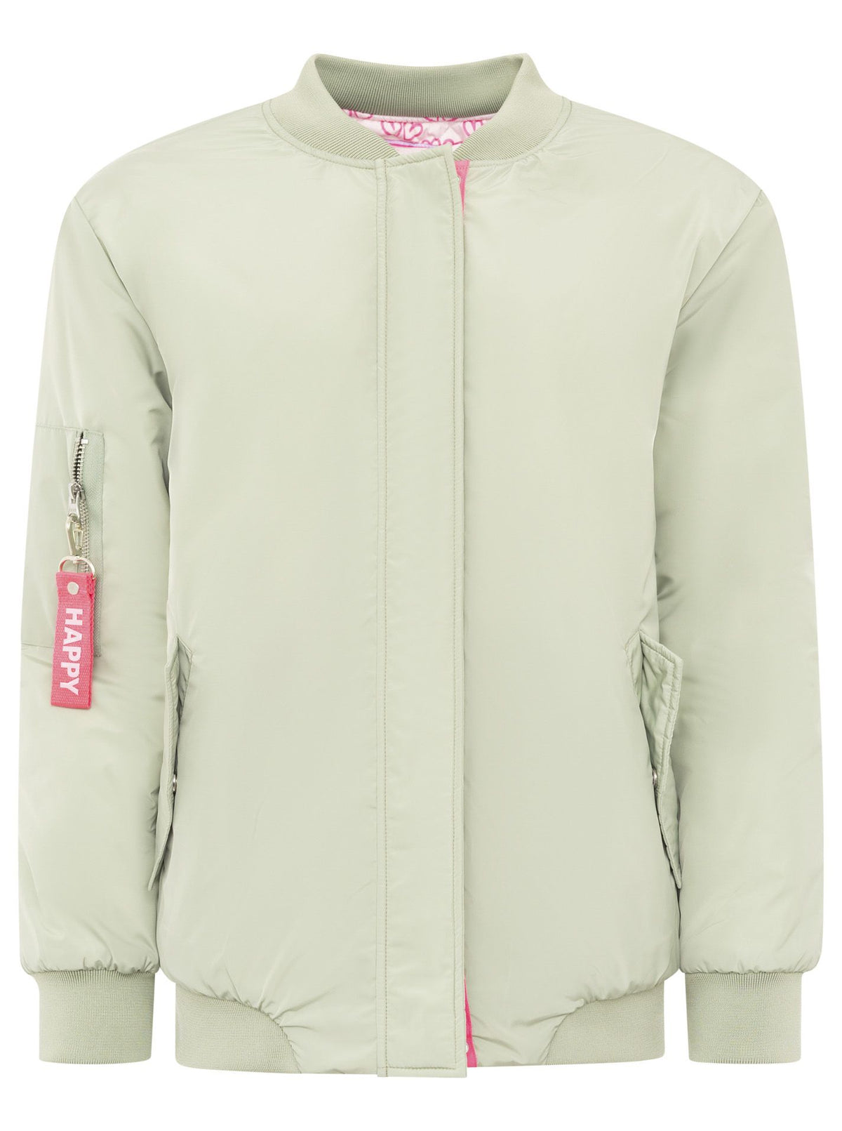 Zwillingsherz Bomberjacke Happy in Salbei, Frontansicht mit Druckknopfleiste, Reißverschluss und sportivem Design