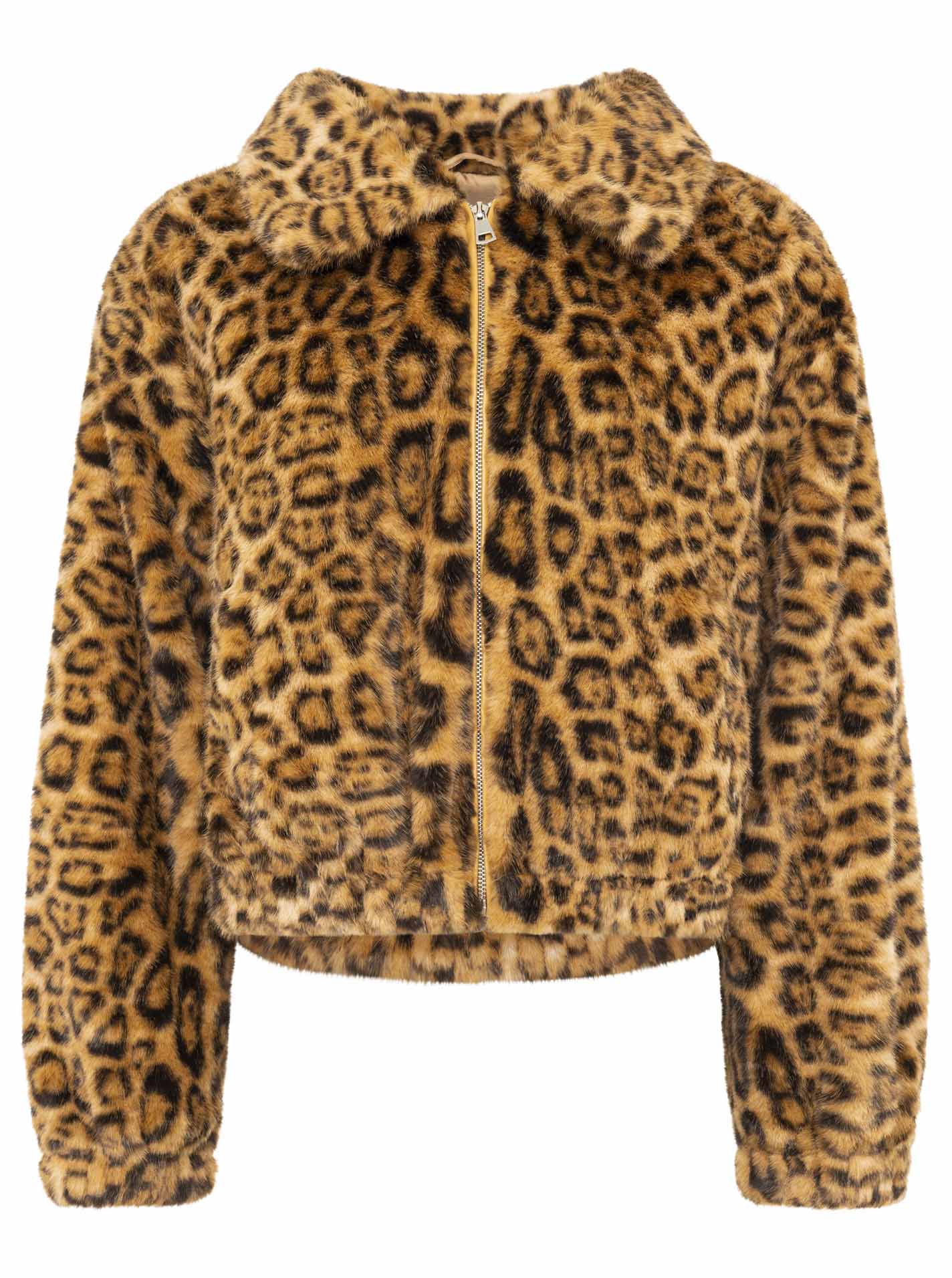Zwillingsherz Damen Teddy-Bomberjacke Leopard, Beige/Schwarz – Frontansicht