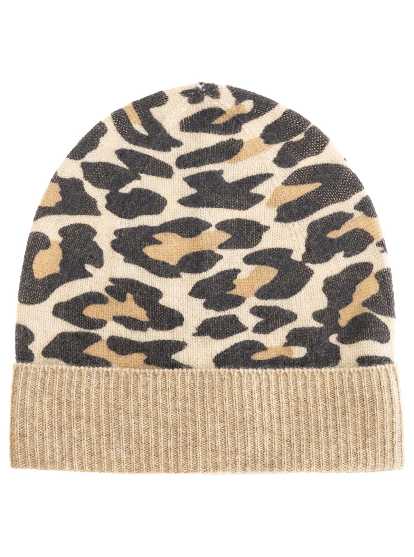 Zwillingsherz Damen Kaschmir-Rippstrick-Mütze im Leoparden Muster Beige, 100% Kaschmir