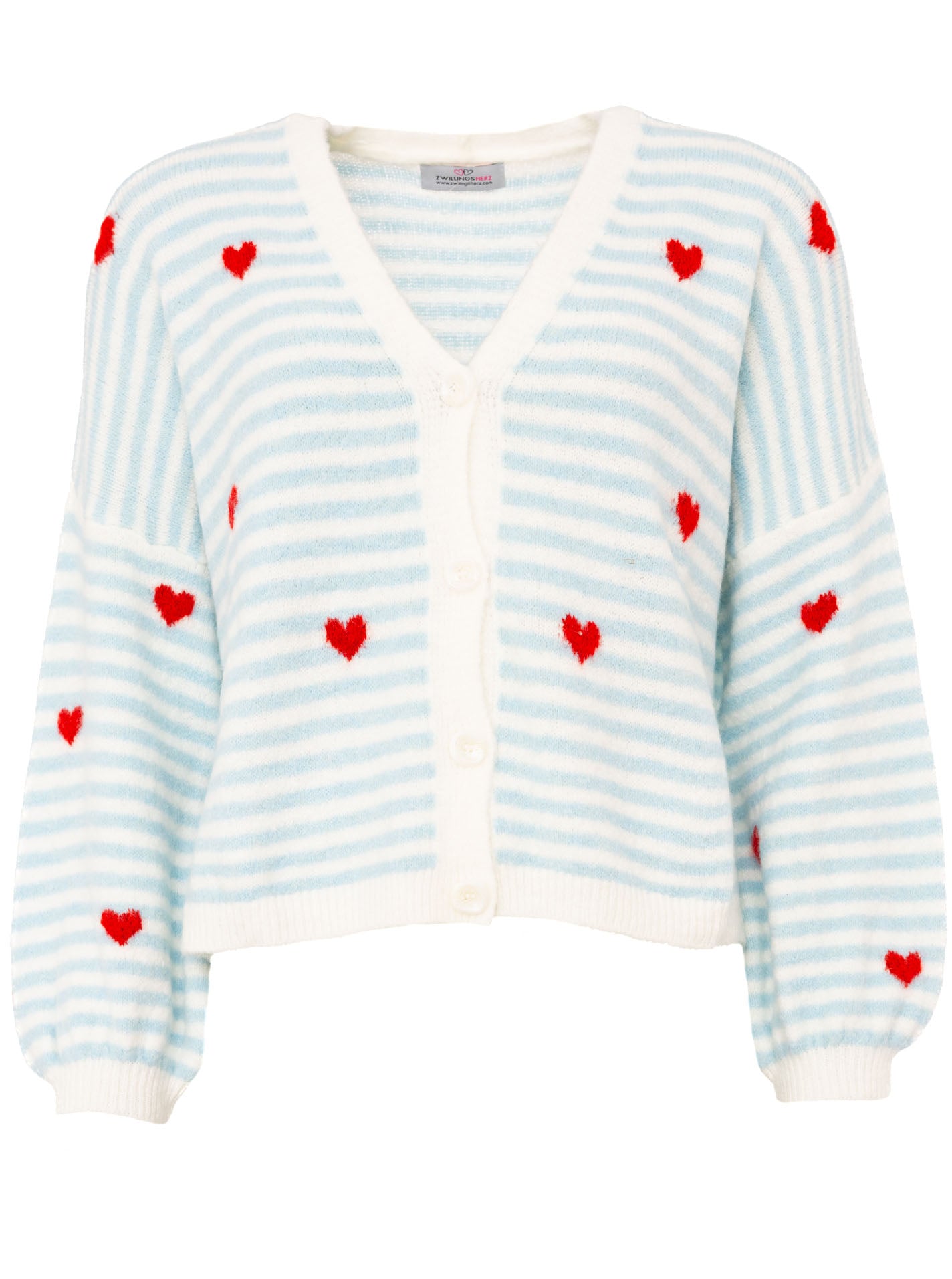 Zwillingsherz Cardigan mit Herzmotiv – Blau-Weiß gestreifte Damen Strickjacke mit Knopfleiste