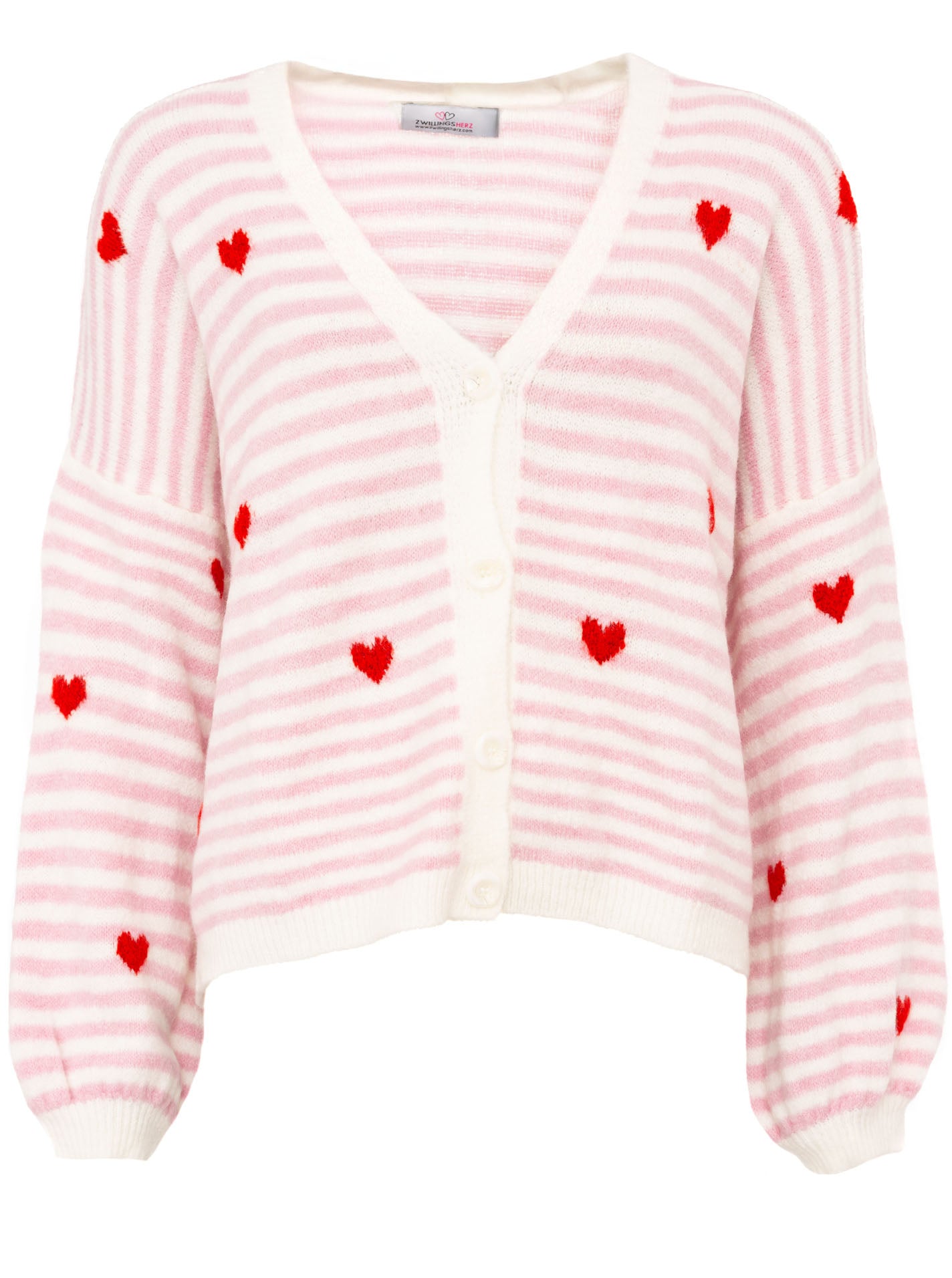 Zwillingsherz Cardigan mit Herzmotiv – Pink-Weiß gestreifte Damen Strickjacke mit Knöpfen