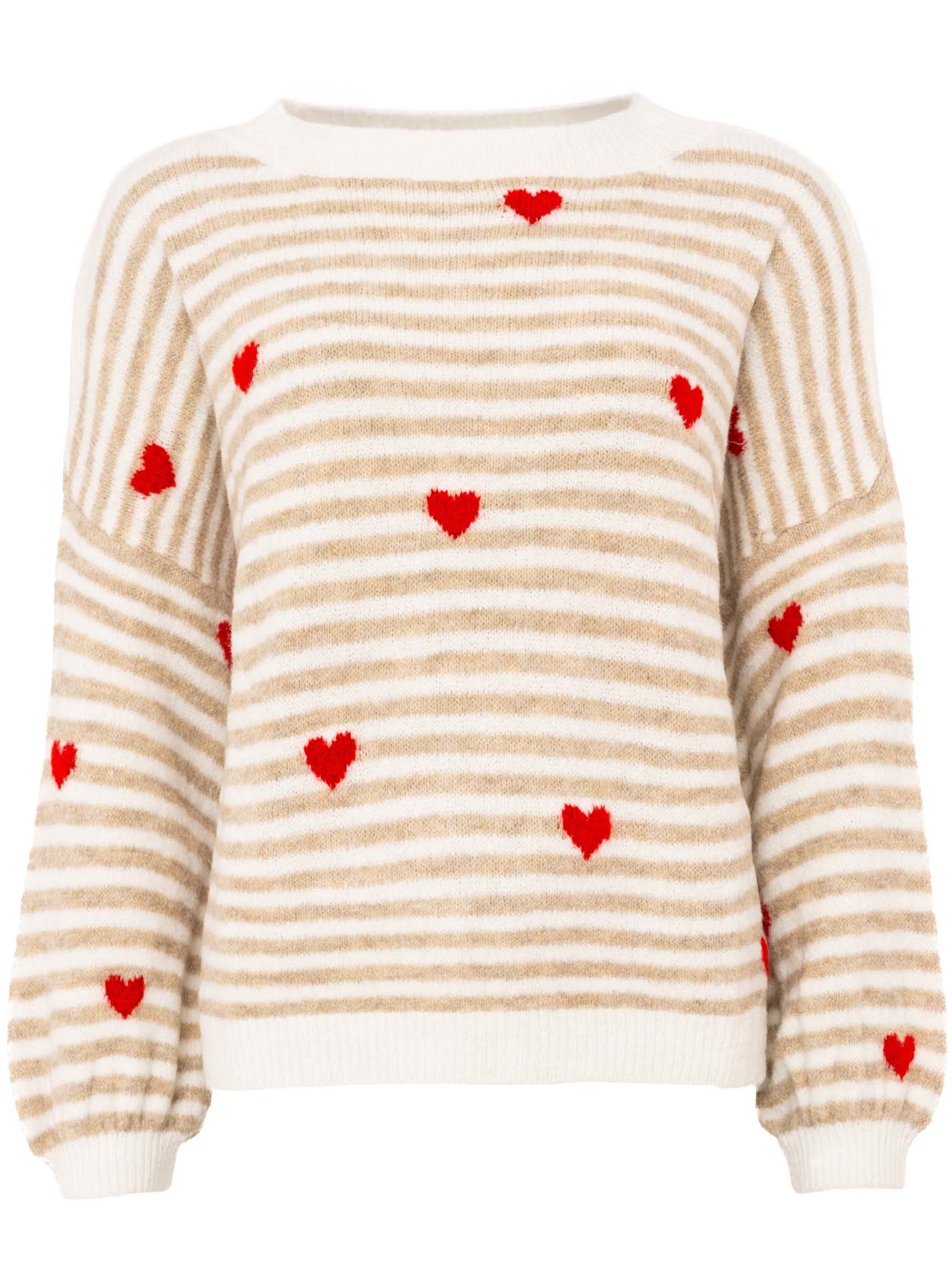 Zwillingsherz Pullover mit Herzmotiv – Beige-Weiß gestreift, gemütlicher Damen Strickpullover