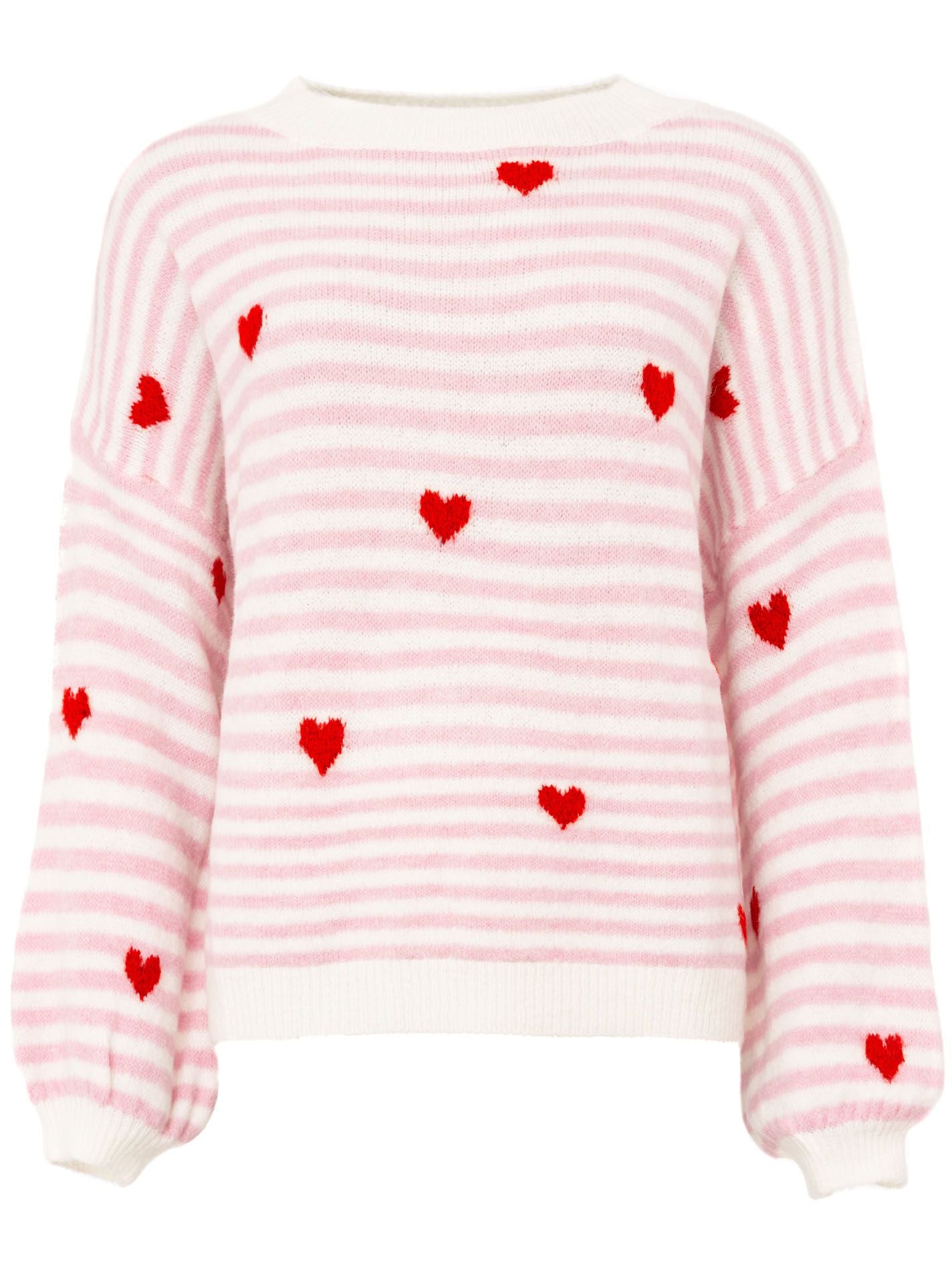 Zwillingsherz Pullover mit Herzmotiv – Pink-Weiß gestreifter Damen Strickpullover mit Rundhalsausschnit