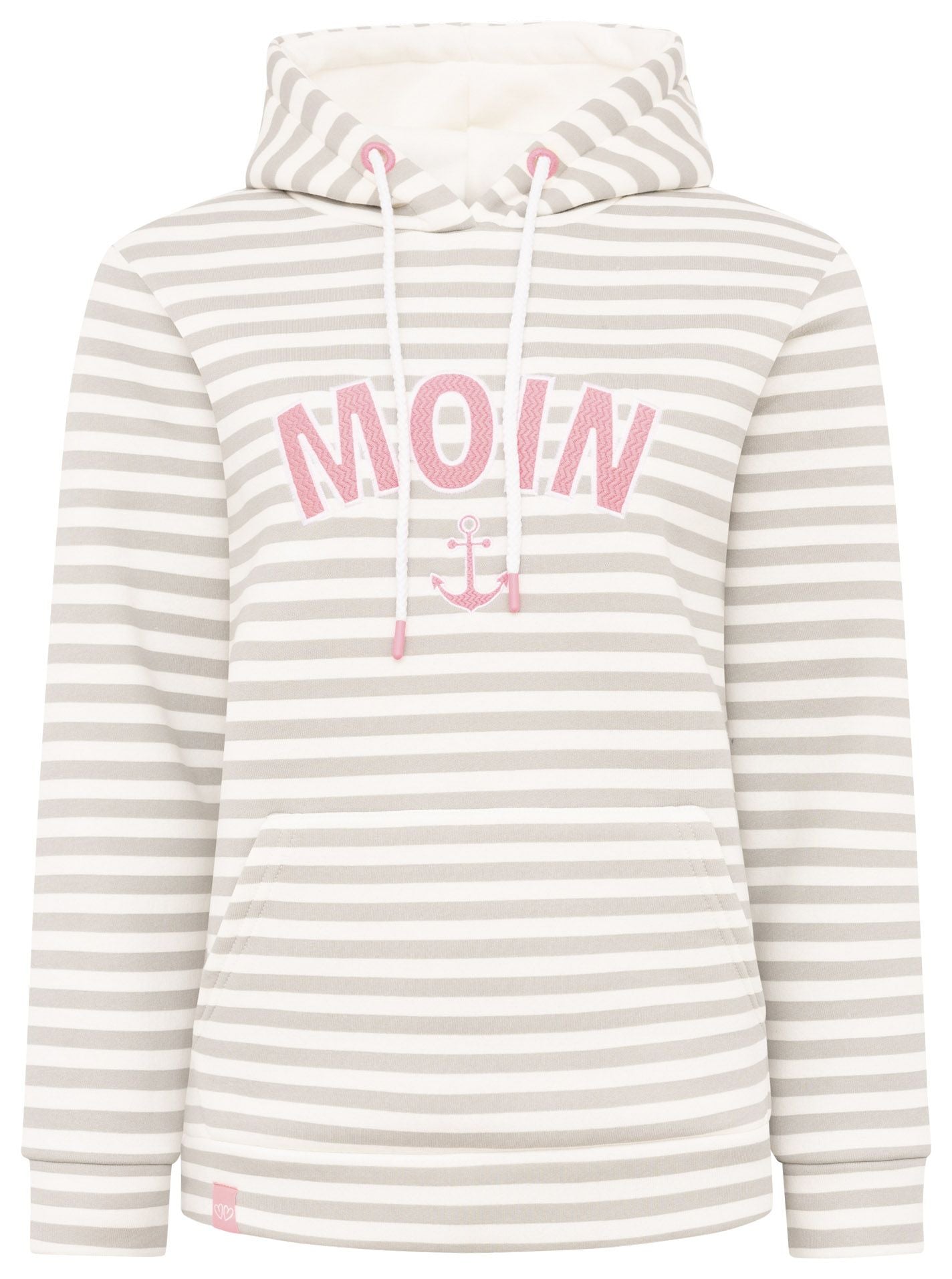 Zwillingsherz Damen Hoodie mit Moin-Schriftzug, gestreift in Grau und Pink, mit Kapuze und Kordelzug