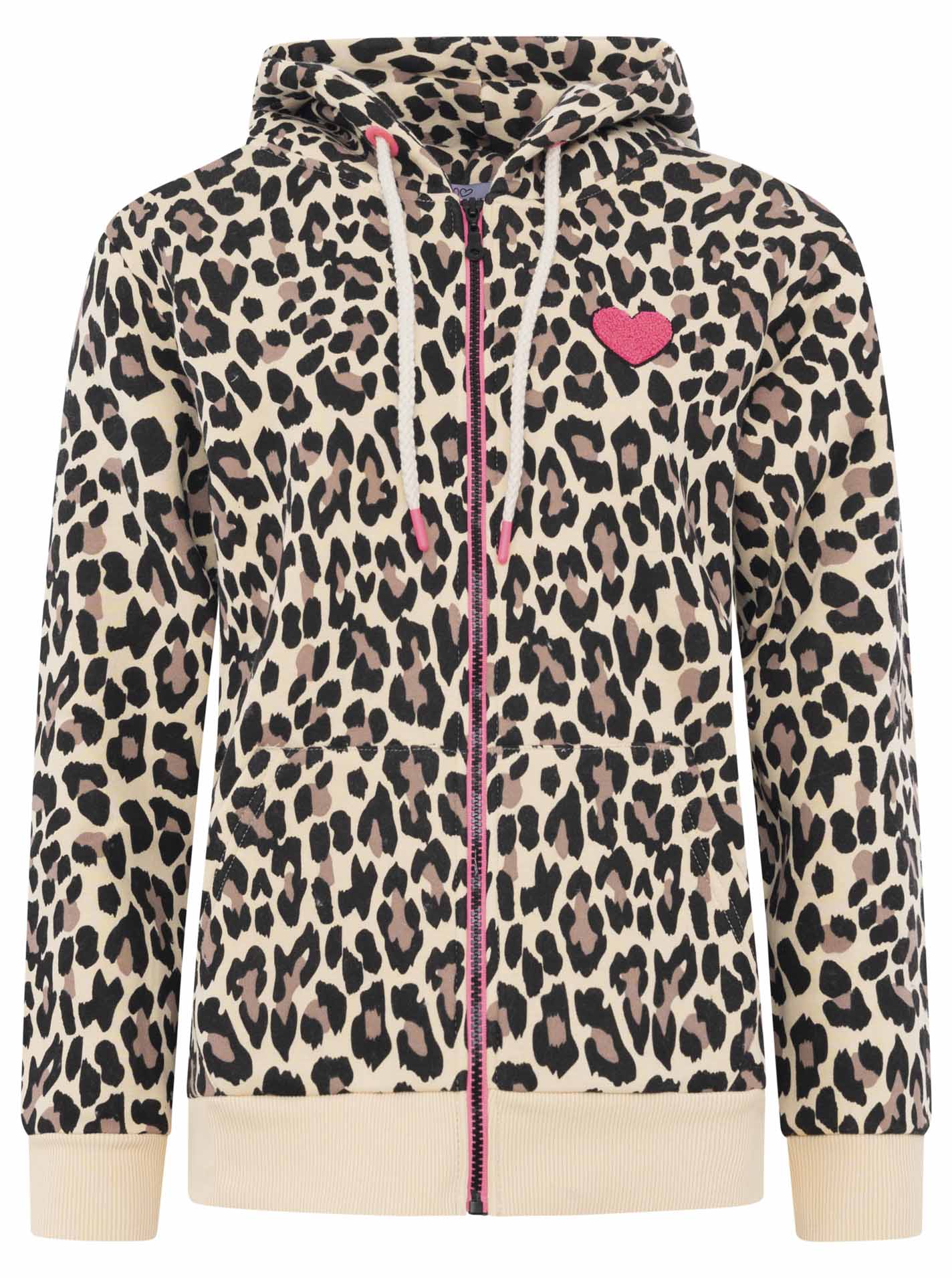 Zwillingsherz Hoodiejacke mit Leopardenmuster in Beige und Schwarz – gemütlich, modisch