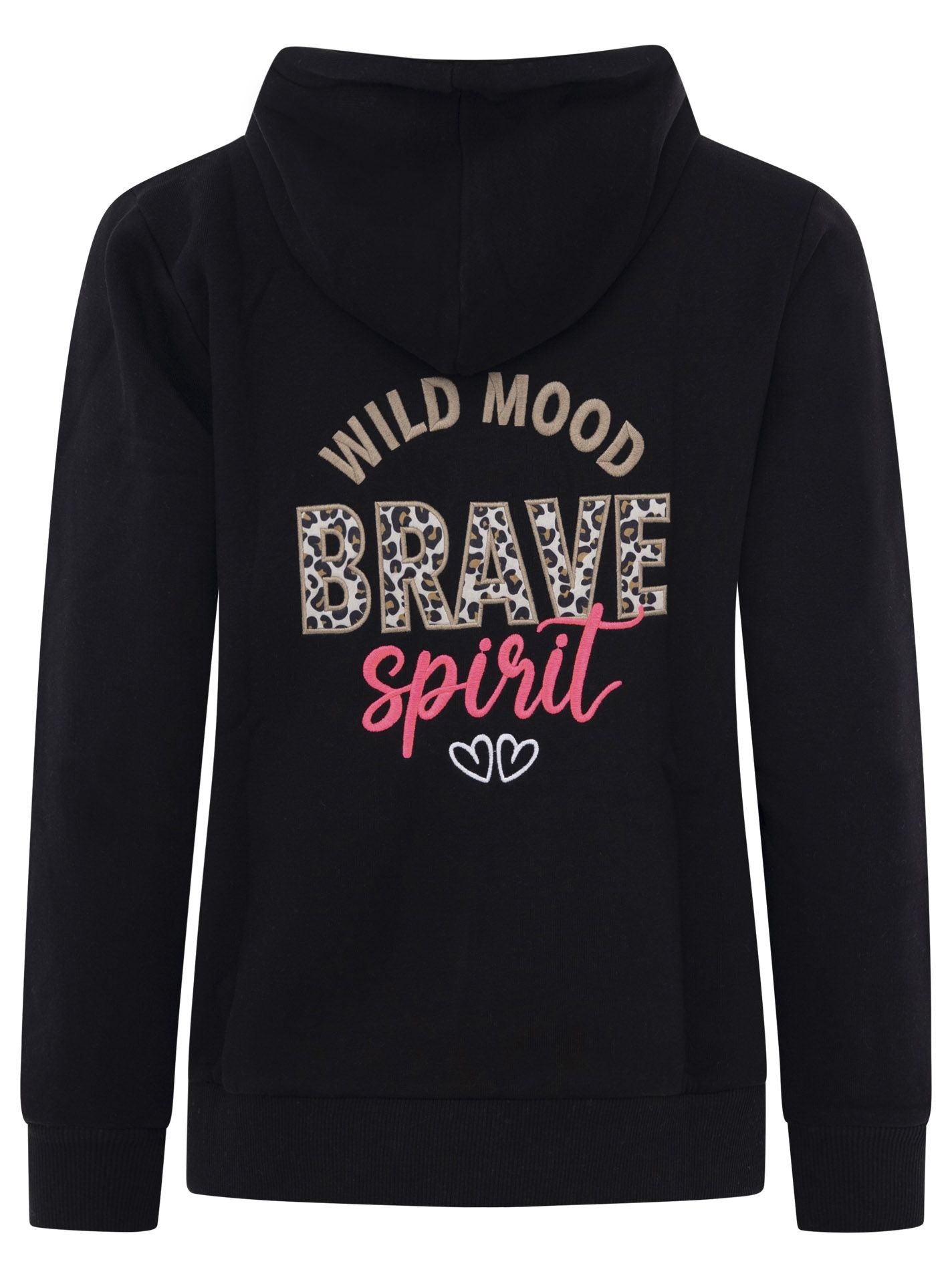 Rückansicht der Zwillingsherz Hoodiejacke mit Leo-Muster in Schwarz, Beige und Pink – Kapuze und Rückendesign im Fokus