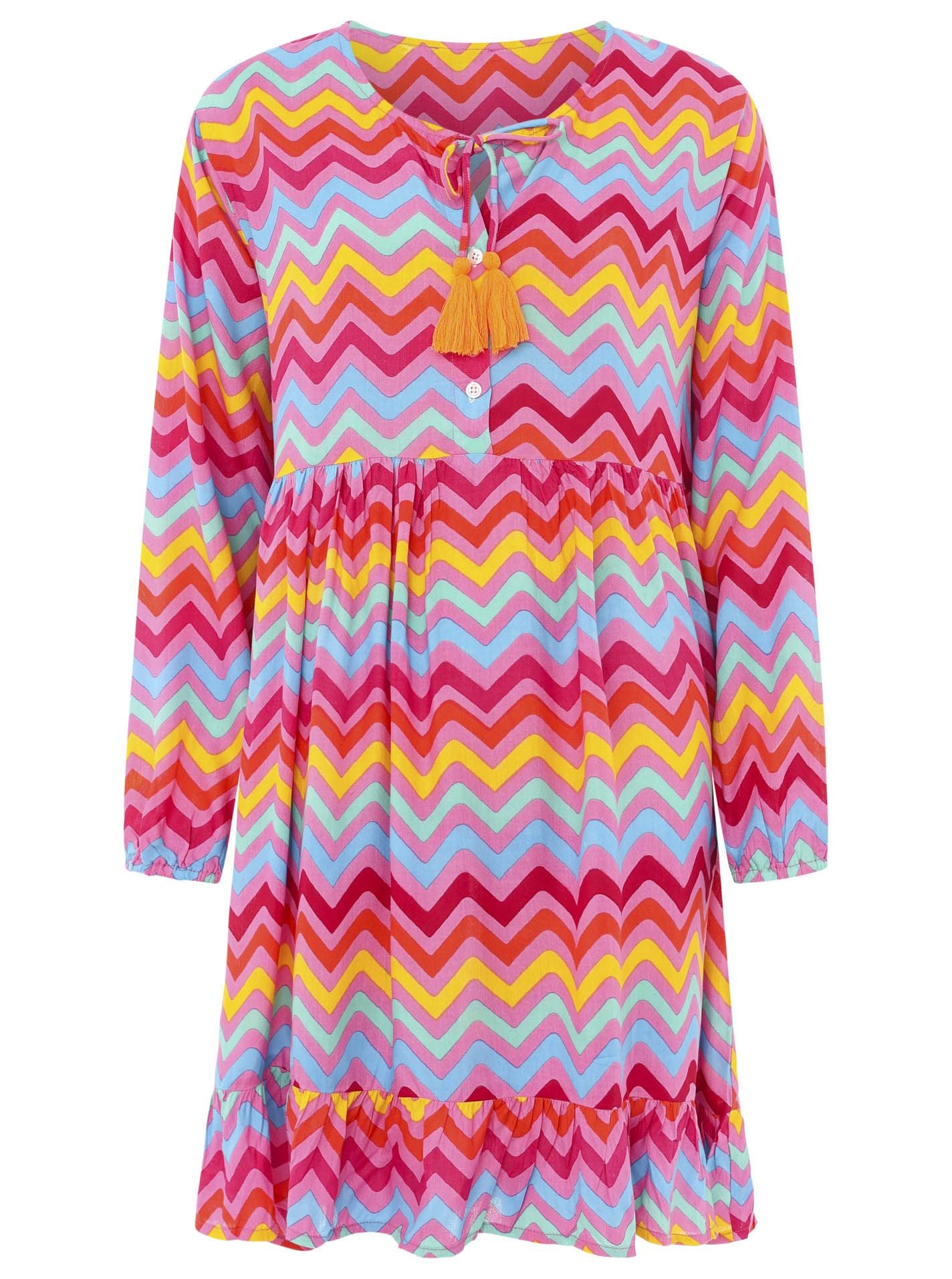 Zwillingsherz Viskose Kleid Bunte Wellen - Pink/Orange