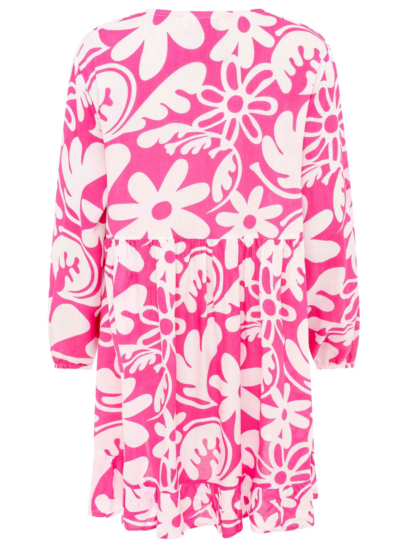 Rückseite des Zwillingsherz Kleids Flower Paradise in Pink mit floralem Muster – fließender Stoff und femininer Schnitt