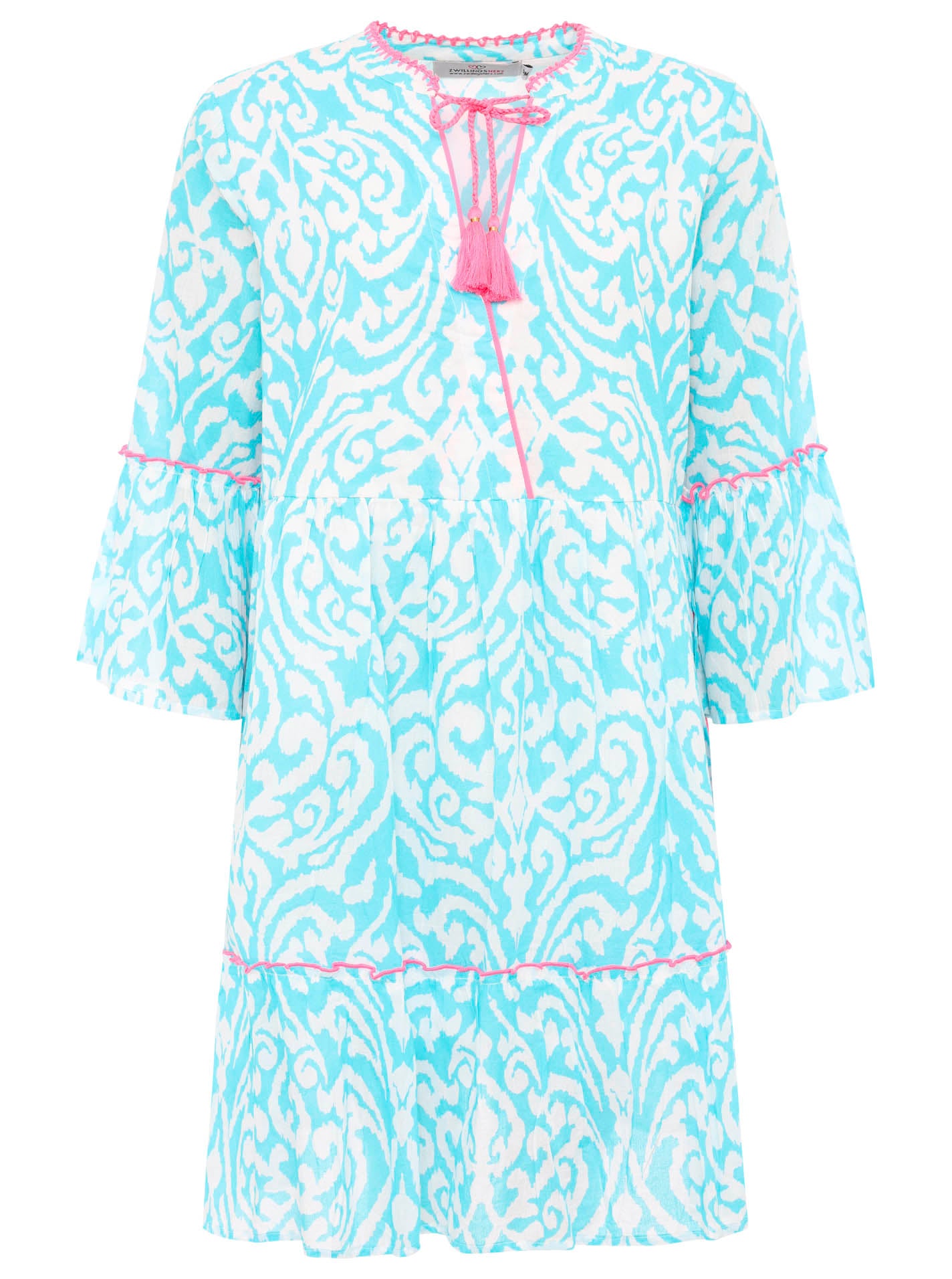 Zwillingsherz Kleid mit Ornamenten in Türkis und Pink, dekorative Kordeln und verspielte Tasseln