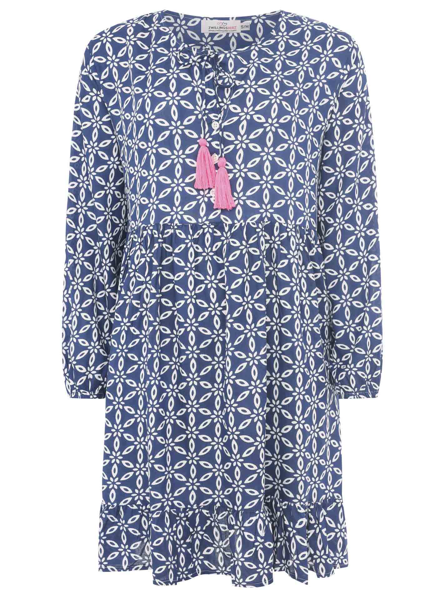 Zwillingsherz Kleid ‚Stargazing‘ in Marineblau mit Kordeln und Tasseln am Ausschnitt