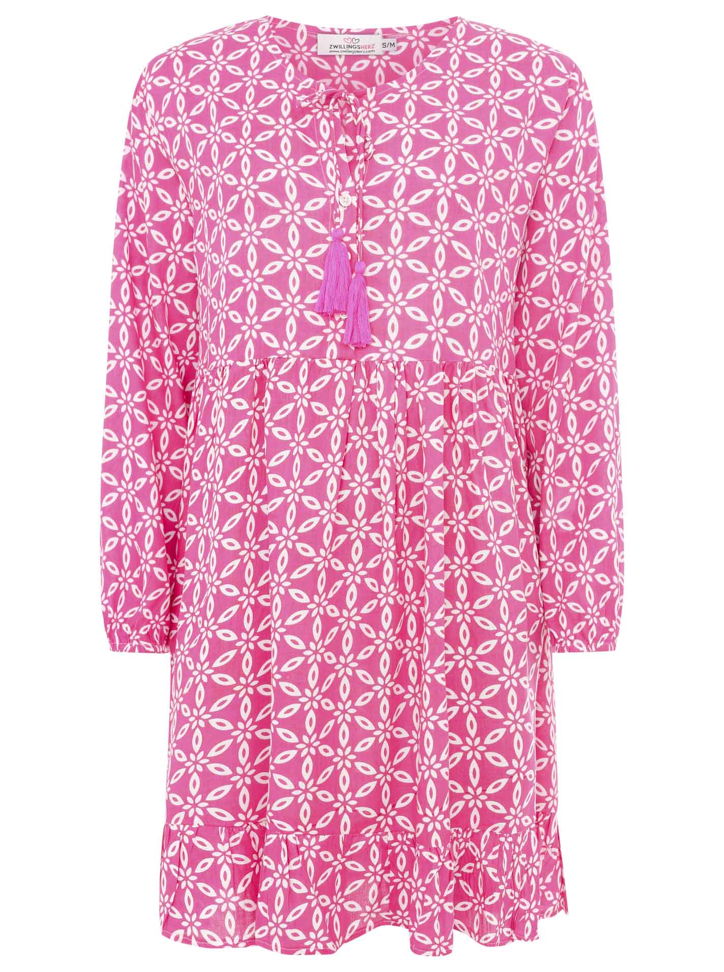 Zwillingsherz Kleid ‚Stargazing‘ in Pink mit Sternenmuster, Kordeln und Tasseln am Ausschnitt