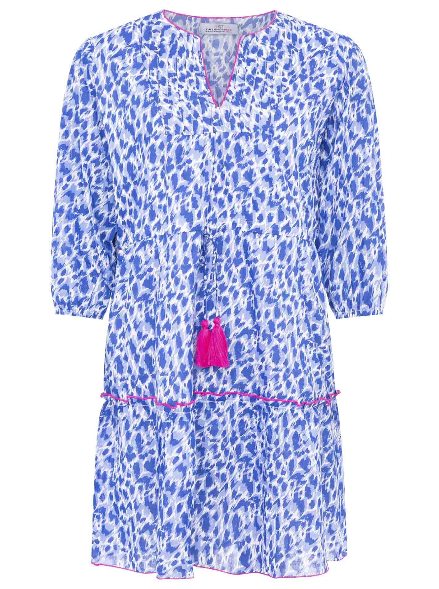Zwillingsherz Sommer Leopard Kleid in Blau mit Kordel und Tasseln