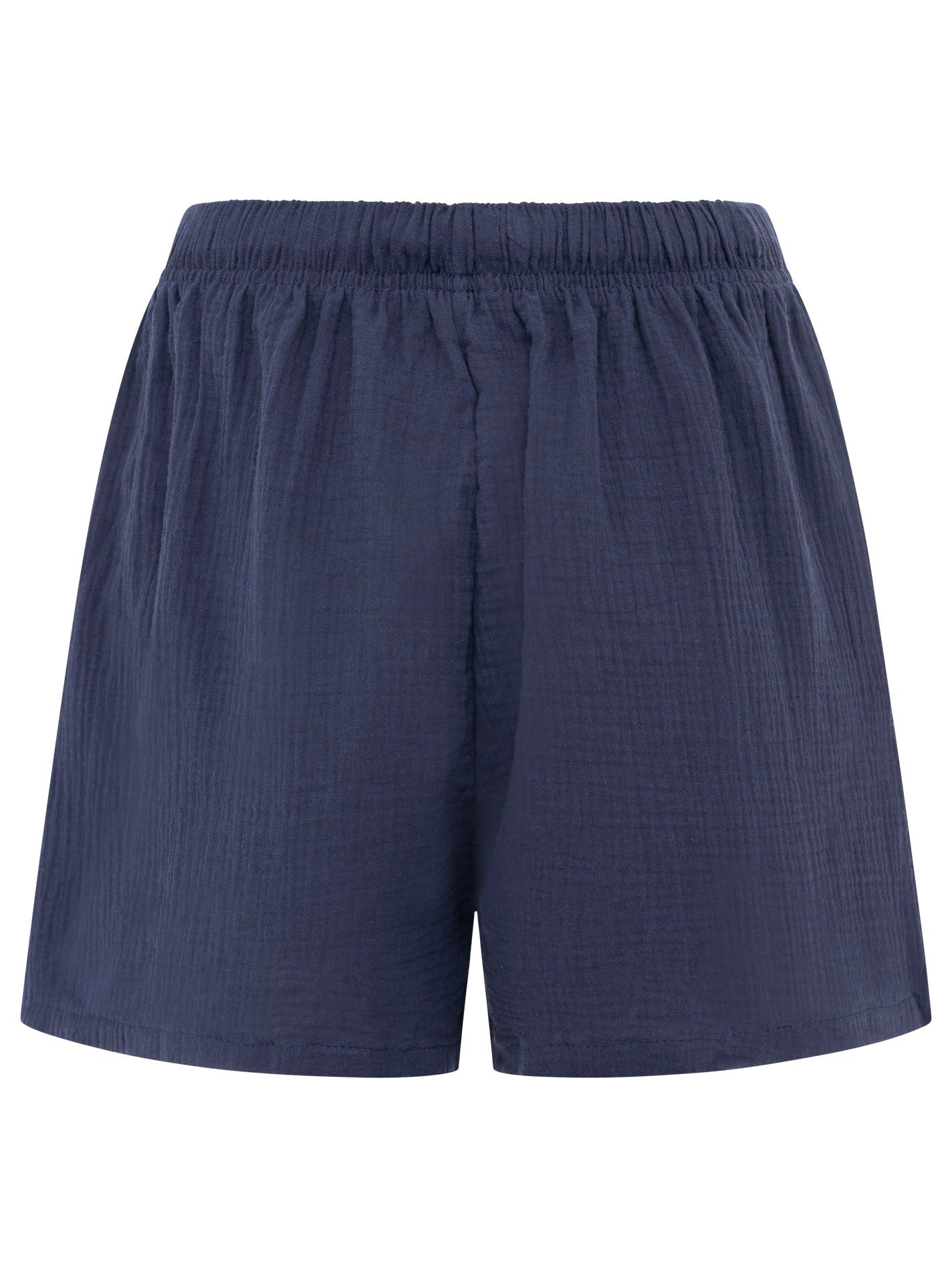 Rückansicht der Zwillingsherz Musselin-Shorts in Dunkelblau – elastischer Bund, weiches Musselin-Material, ideal für den Sommer