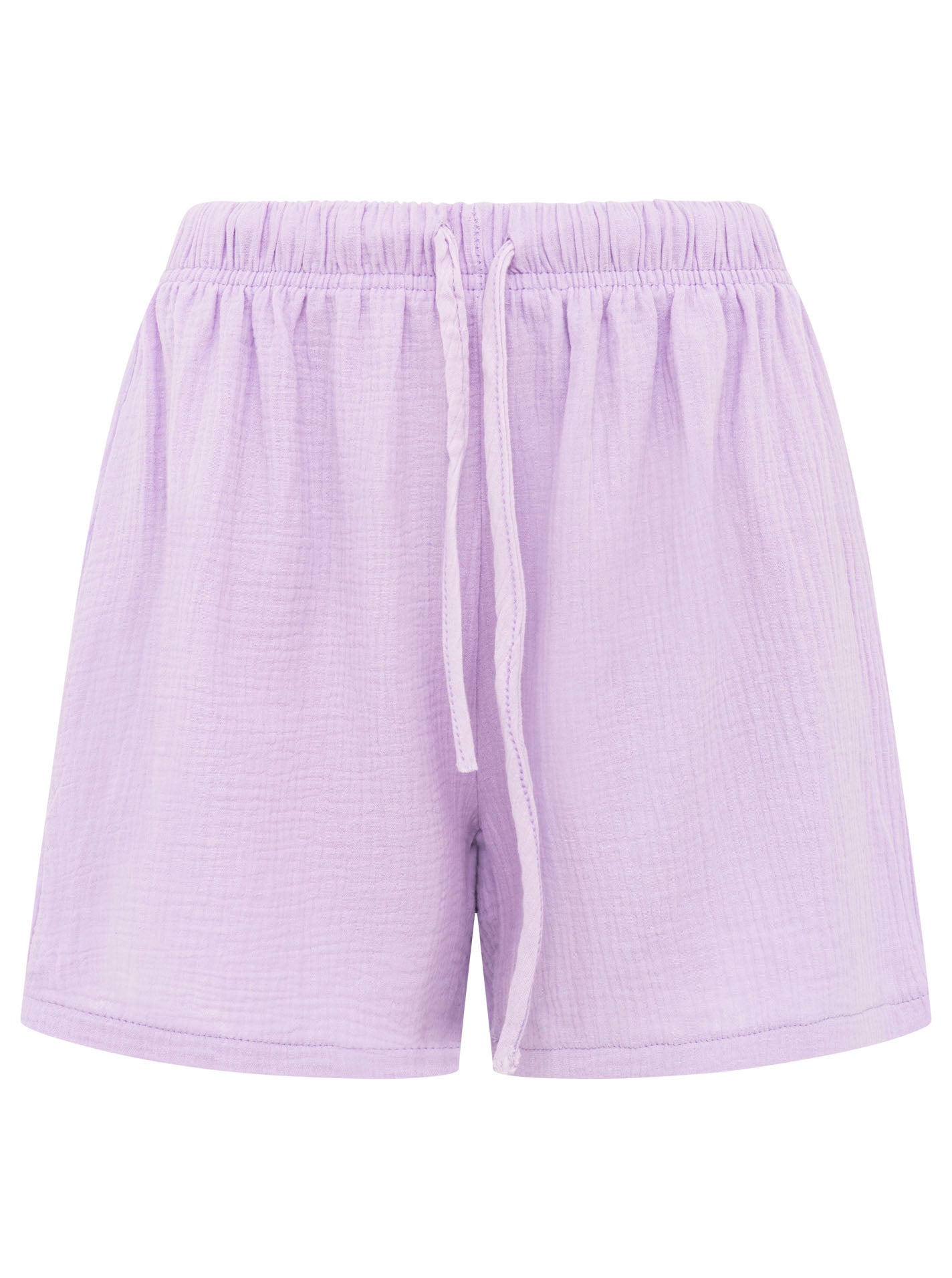Zwillingsherz Musselin-Shorts in Flieder – Vorderansicht, lockerer Schnitt mit Seitentaschen, leichtes Material, ideal für warme Tage