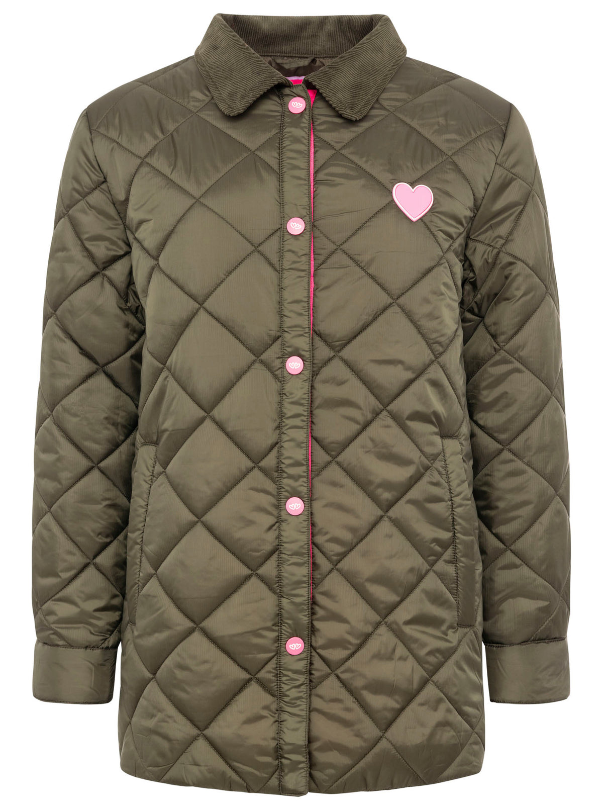 Zwillingsherz Steppjacke in Khaki mit Kordkragen und rosa Herz-Details – Vorderansicht