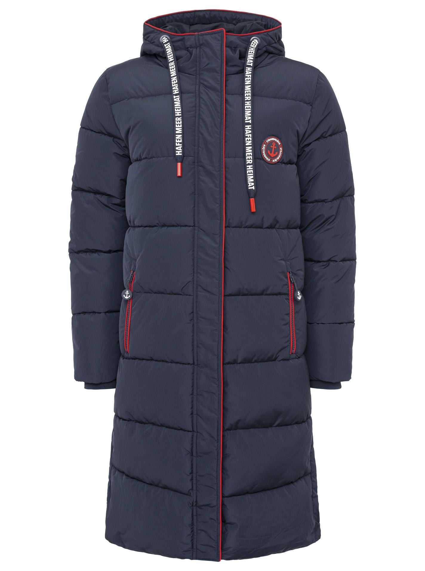 Zwillingsherz Steppmantel Damen in Dunkelblau-Navy – Vorderansicht mit maritimem Anker-Liebe-Strandglück-Design