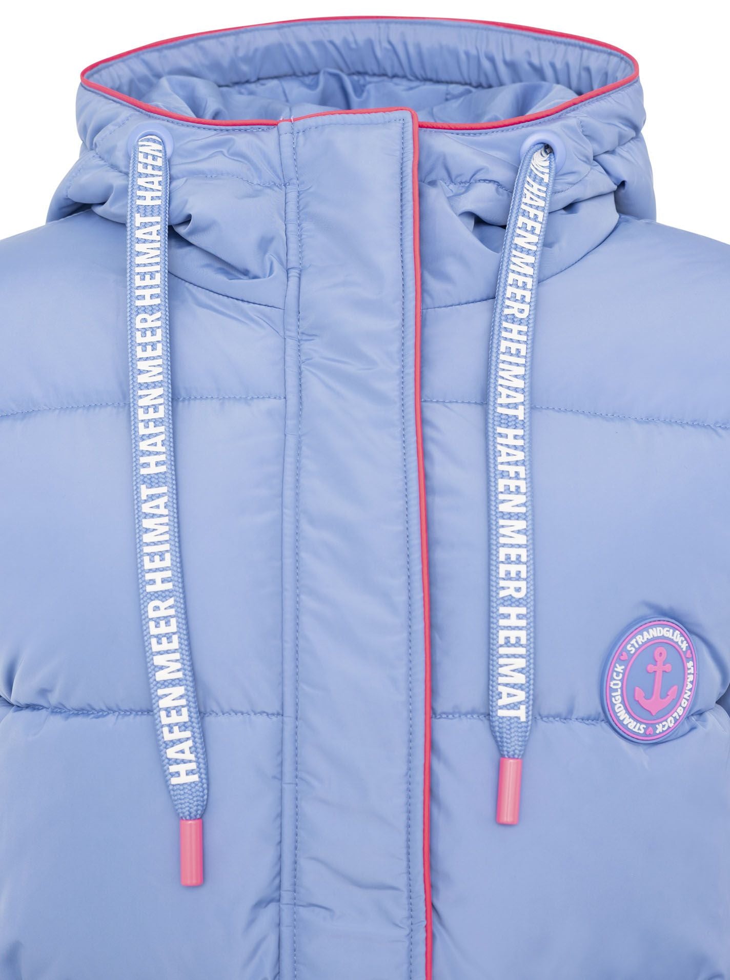 Zwillingsherz Steppmantel Damen in Hellblau-Pink– Kragendetail mit Anker-Liebe-Strandglück-Print