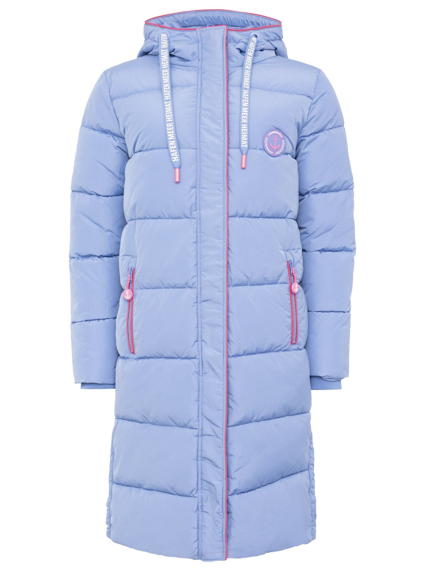 Zwillingsherz Steppmantel Damen in Hellblau-Pink – Vorderansicht mit maritimem Anker-Liebe-Küste-Strandglück-Design