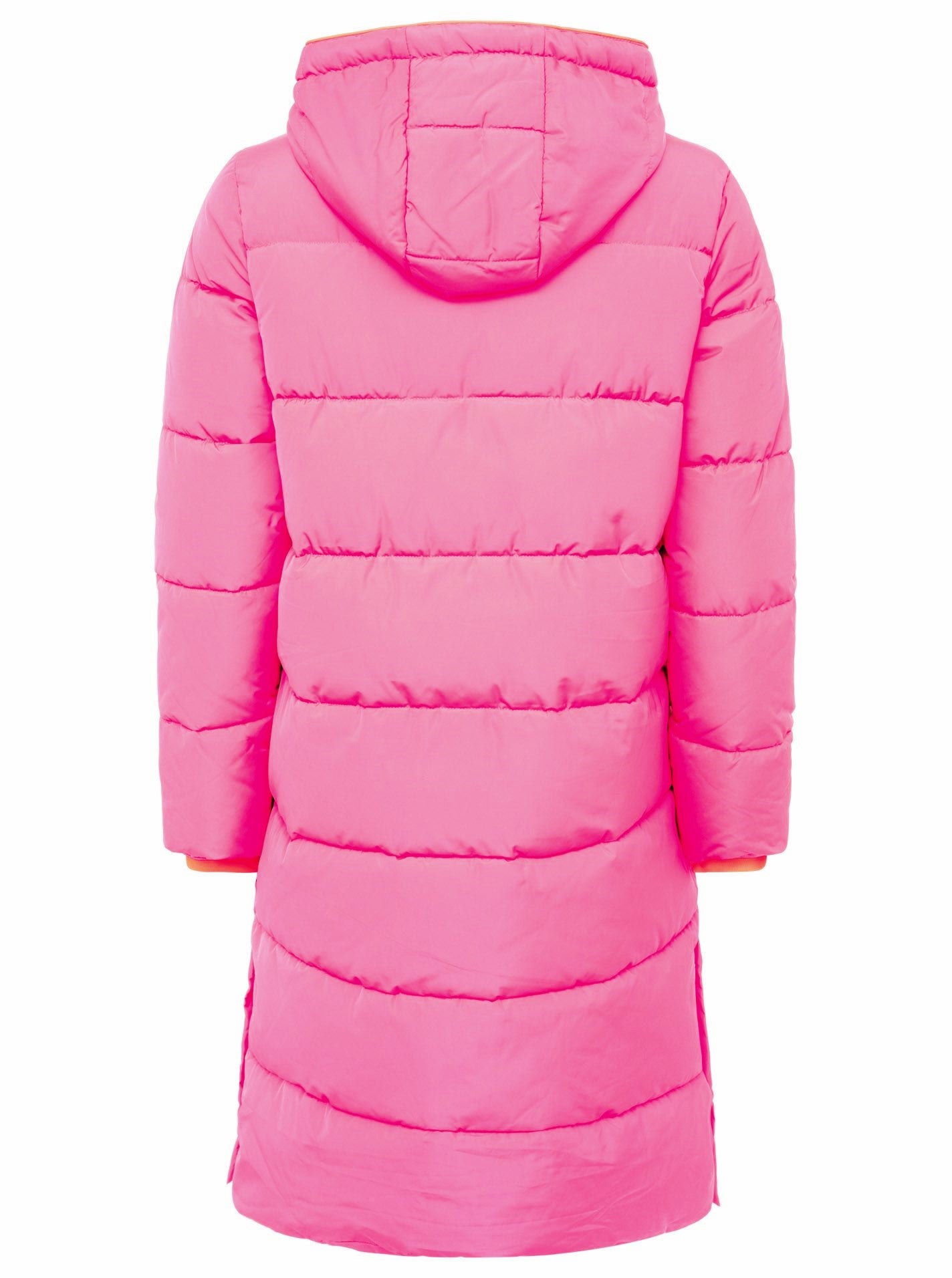 Zwillingsherz Steppmantel Damen in Neonpink – Rückansicht mit maritimem Anker-Liebe-Strandglück-Design
