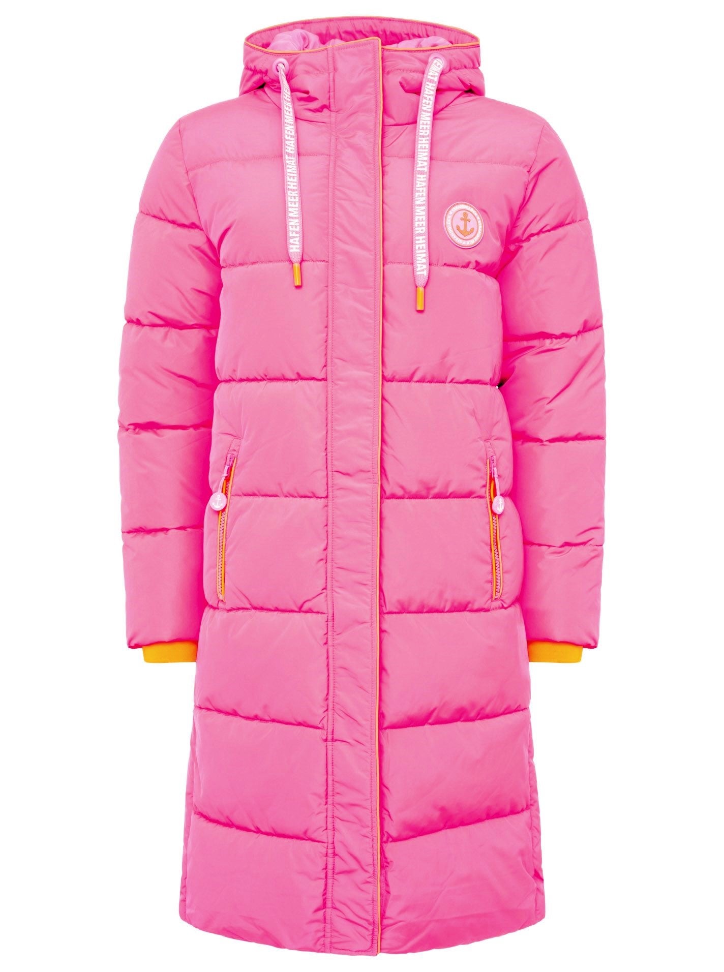 Zwillingsherz Steppmantel Damen in Neonpink – Vorderansicht mit maritimem Anker-Liebe-Strandglück-Muster