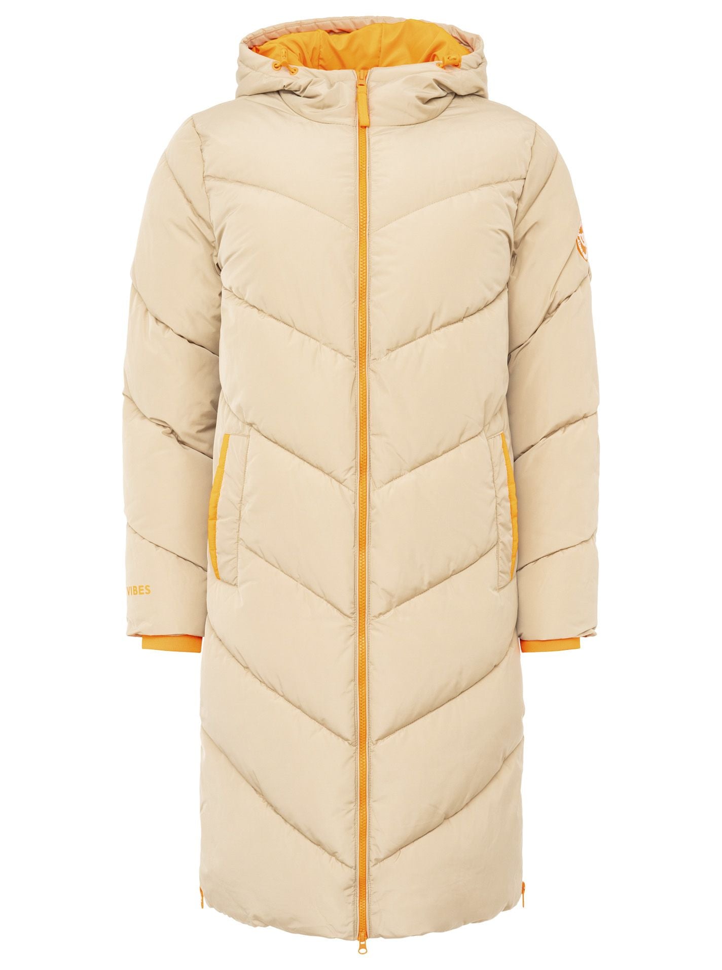 Zwillingsherz Steppmantel mit Kapuze in Orange-Beige – Vorderansicht mit Taschen und modischer Steppung